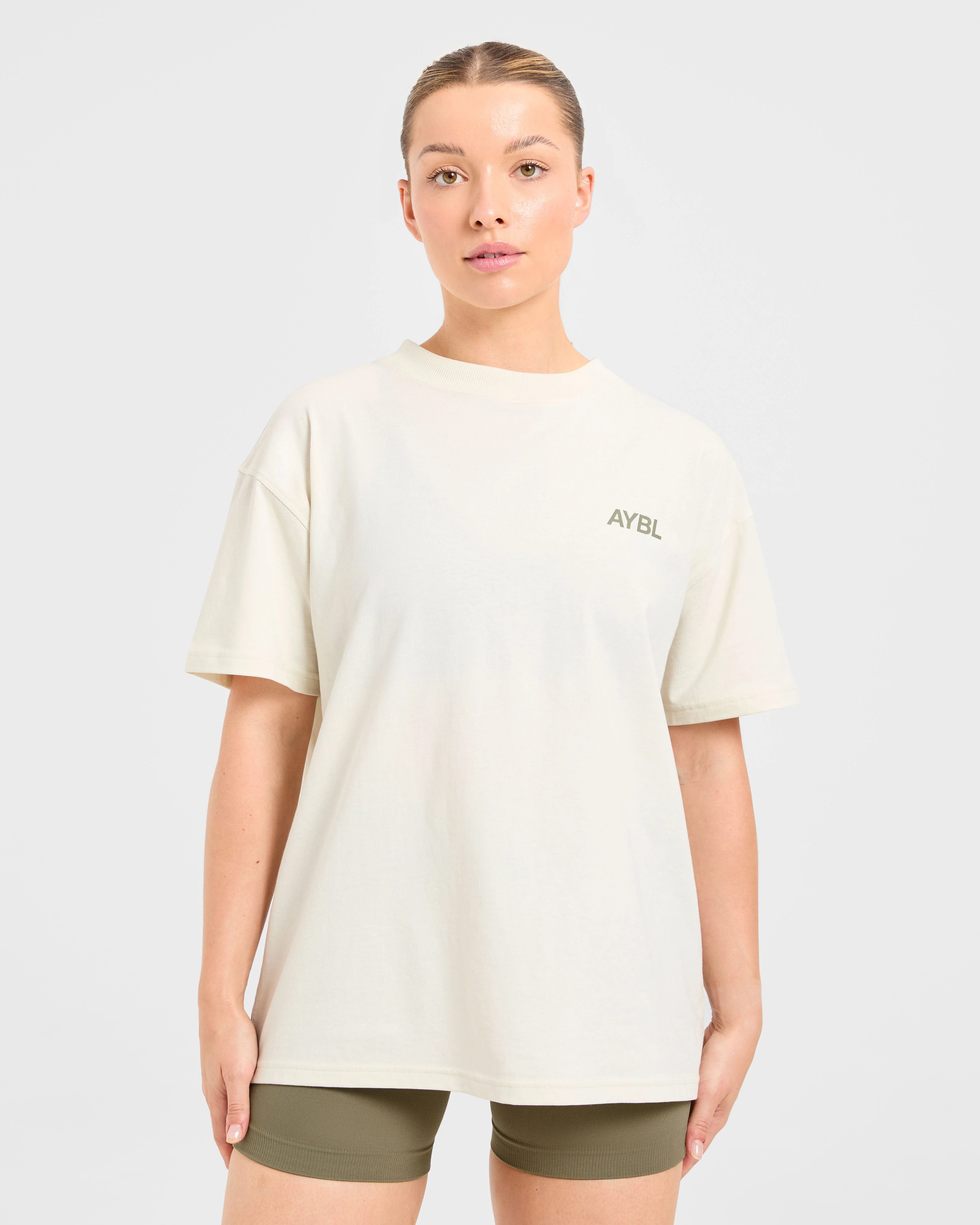 AYBL Sports Club Oversized T Shirt - Beige/Muted Olive - Image 2