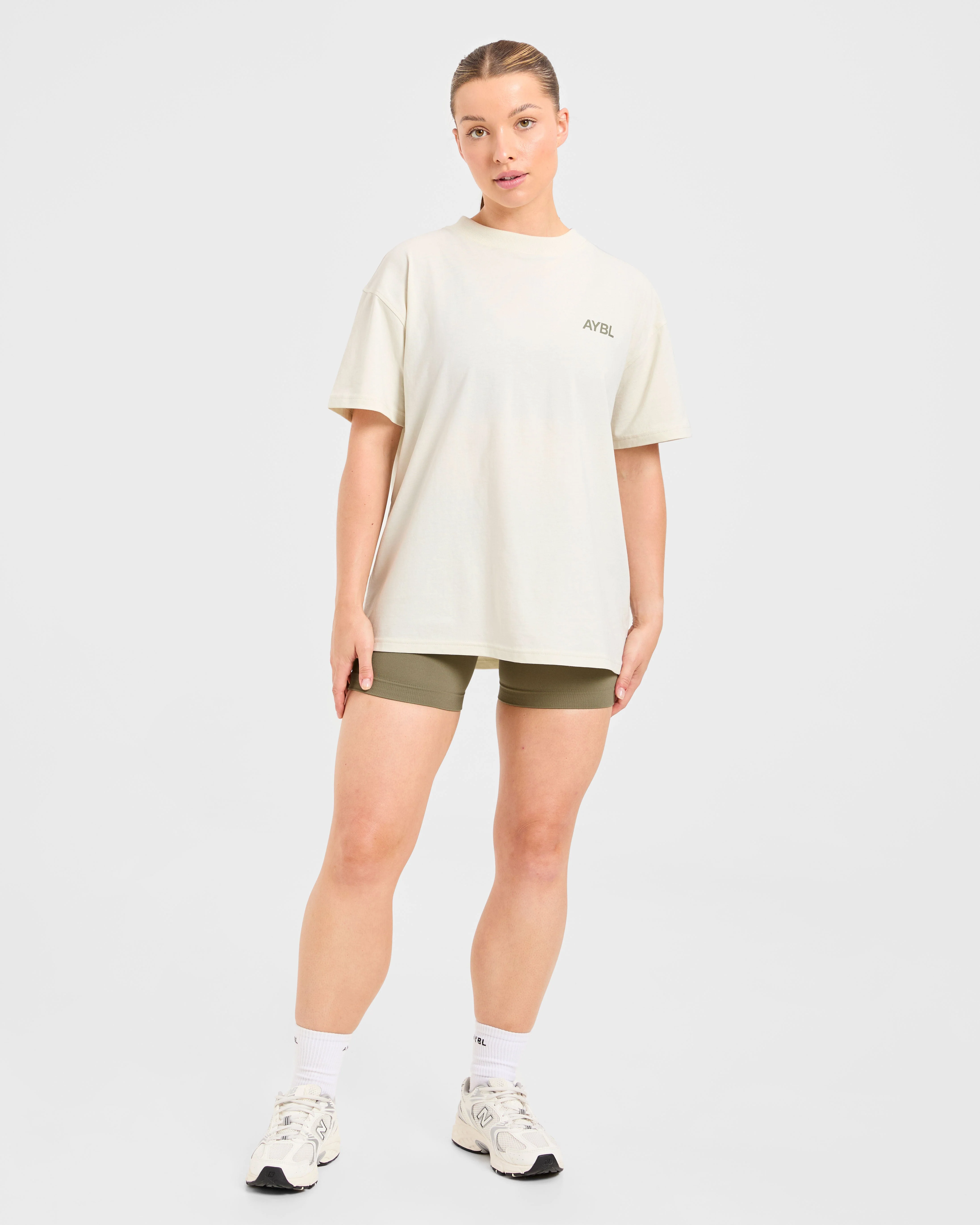 AYBL Sports Club Oversized T Shirt - Beige/Muted Olive - Image 3