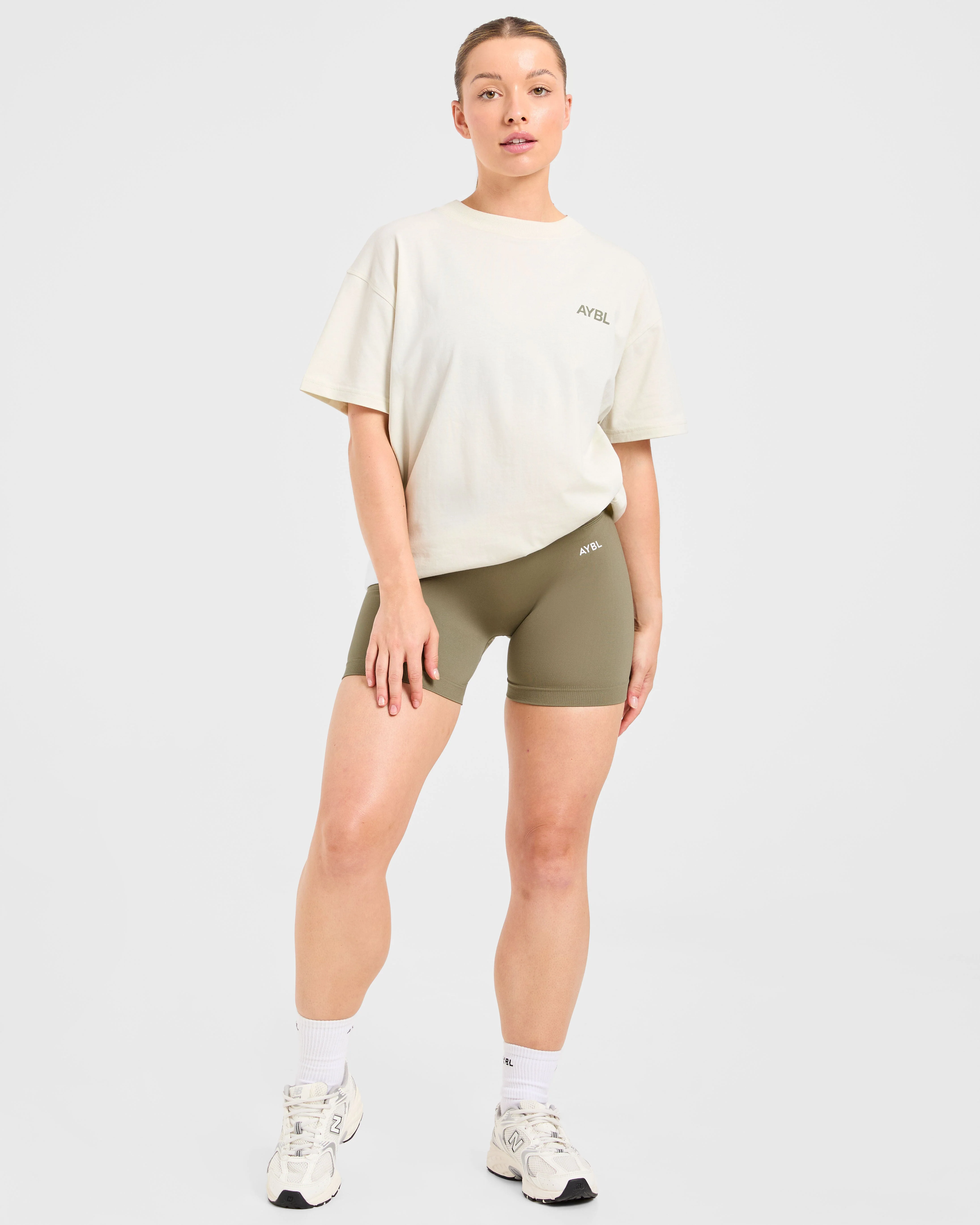 AYBL Sports Club Oversized T Shirt - Beige/Muted Olive - Image 7