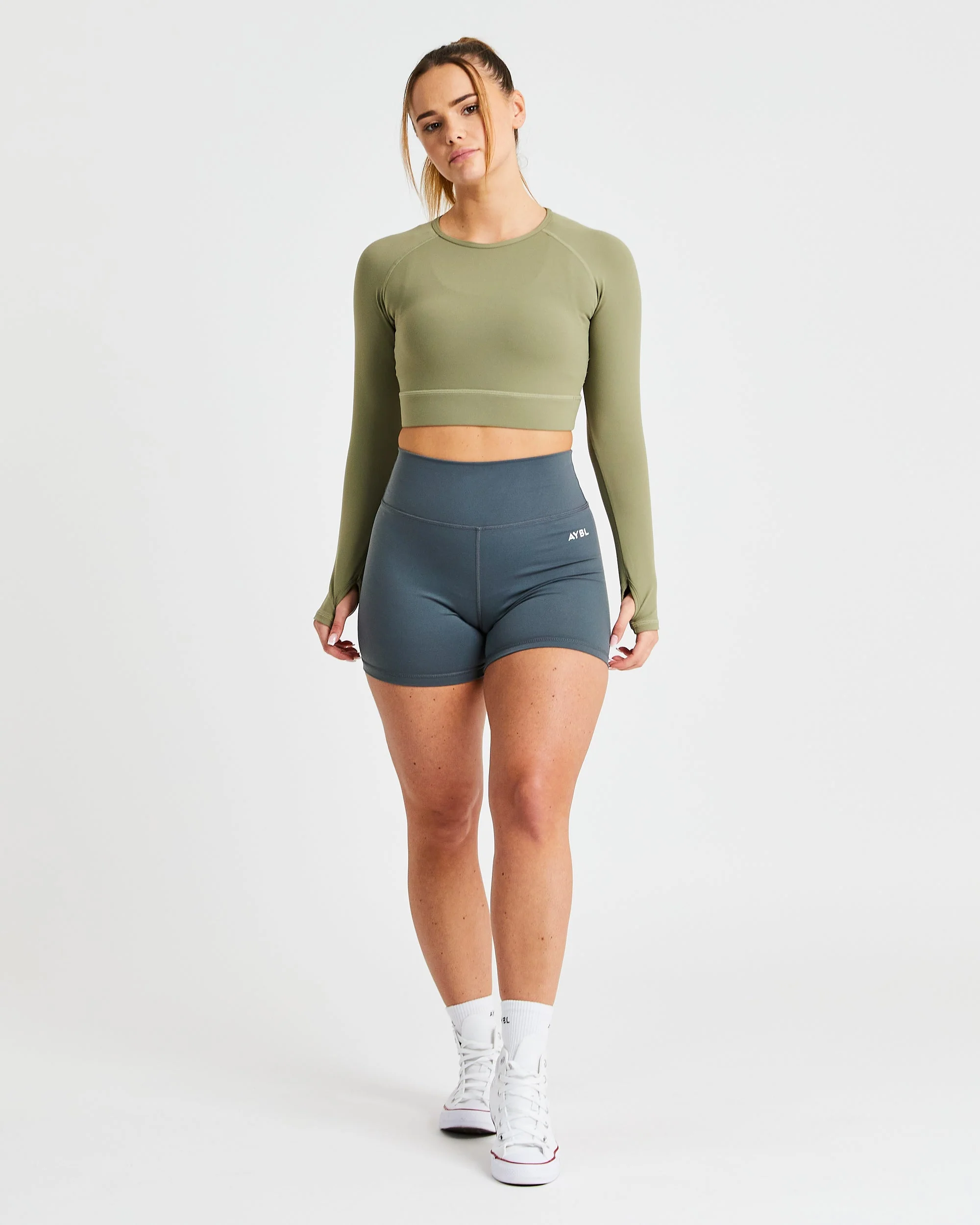 Core Long Sleeve Crop Top - Olive - Image 3