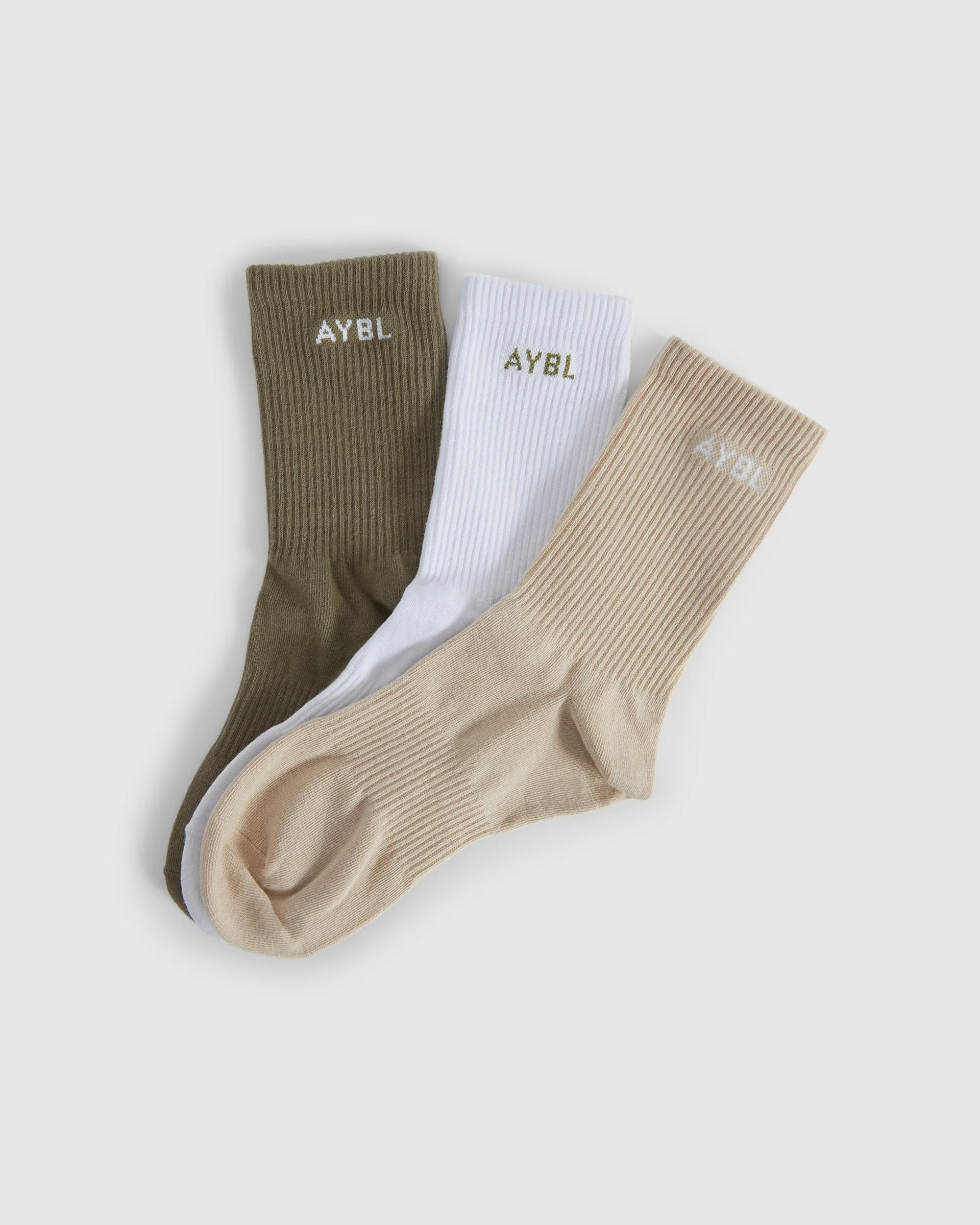 Everyday Crew Socks (3 Pack) - Khaki/Beige/Blanc - Image 5