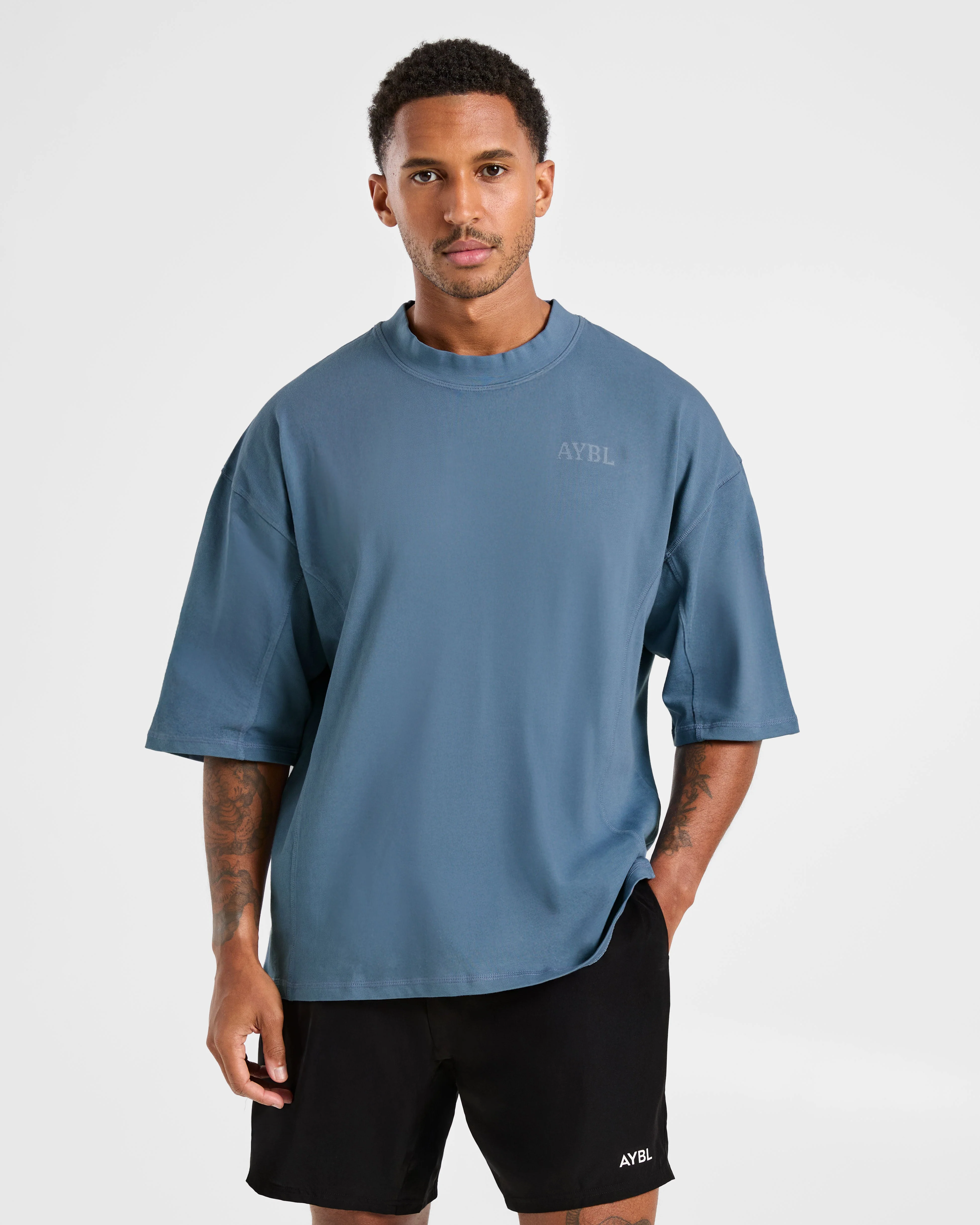 Lift Club Distressed Oversized T Shirt - Washed Indigo - Image 2