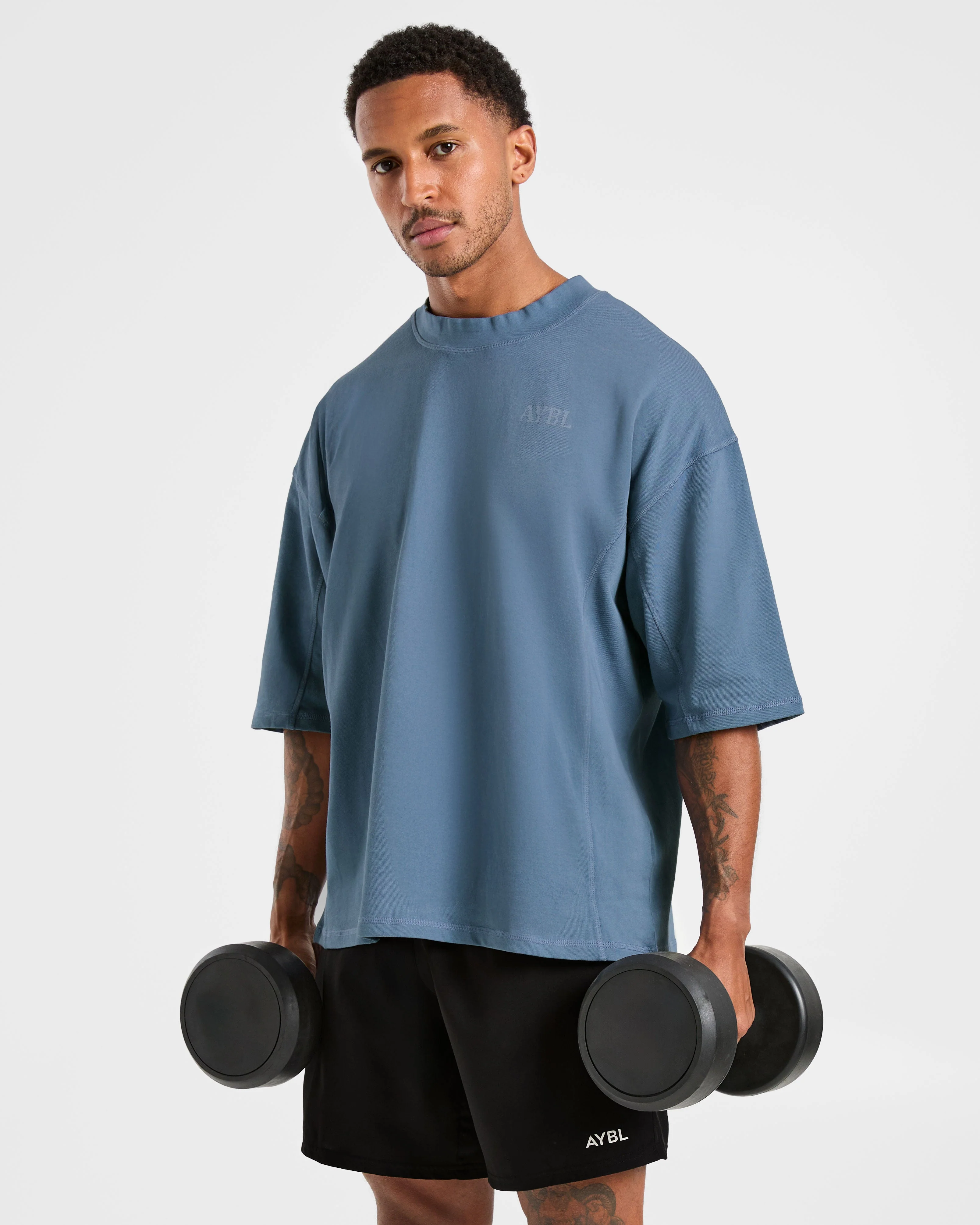 Lift Club Distressed Oversized T Shirt - Washed Indigo - Image 7