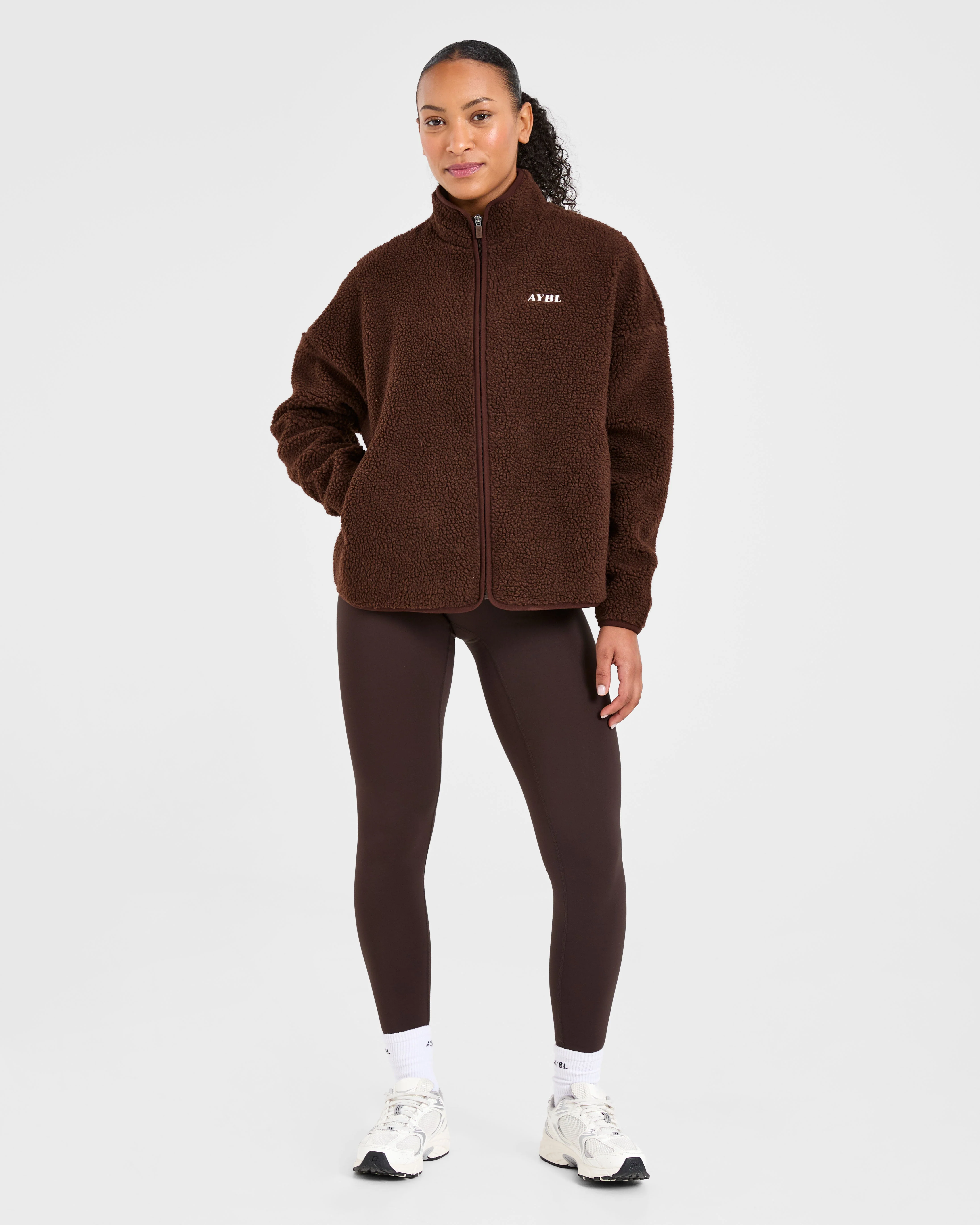Oversized Zip Up Fleece Jacket - Marron - Image 3