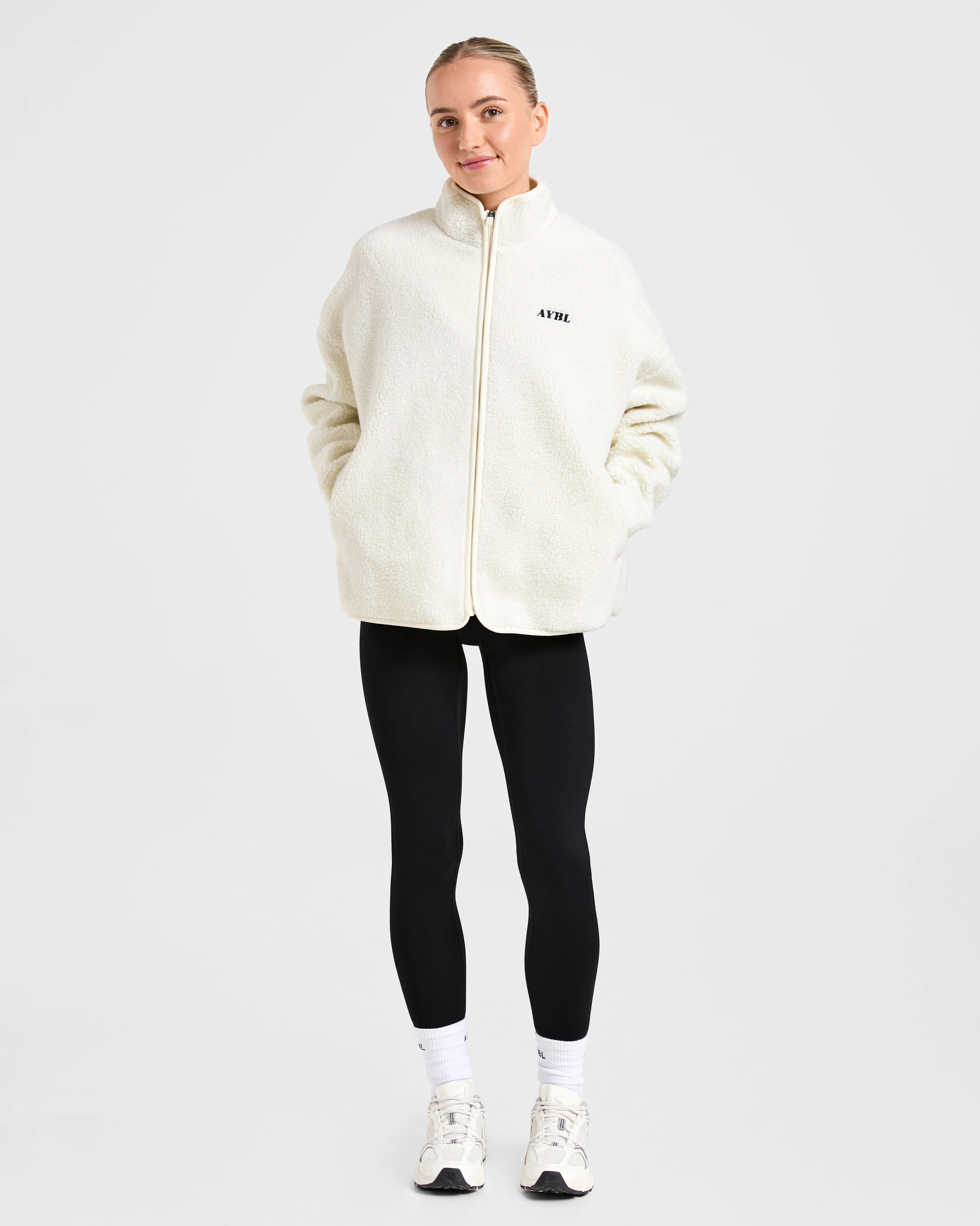 Oversized Zip Up Fleece Jacket - Crème - Image 3
