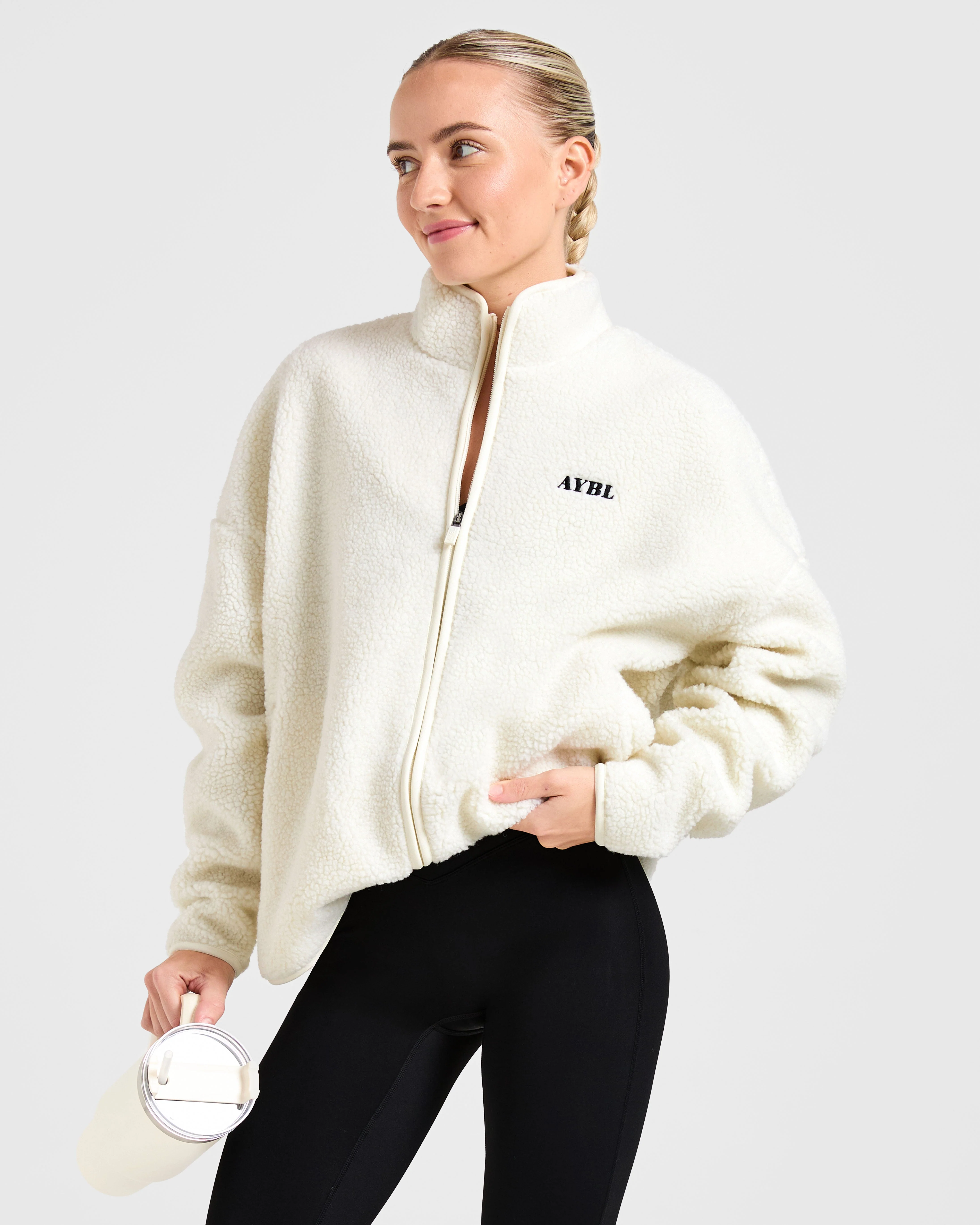 Oversized Zip Up Fleece Jacket - Crème - Image 7