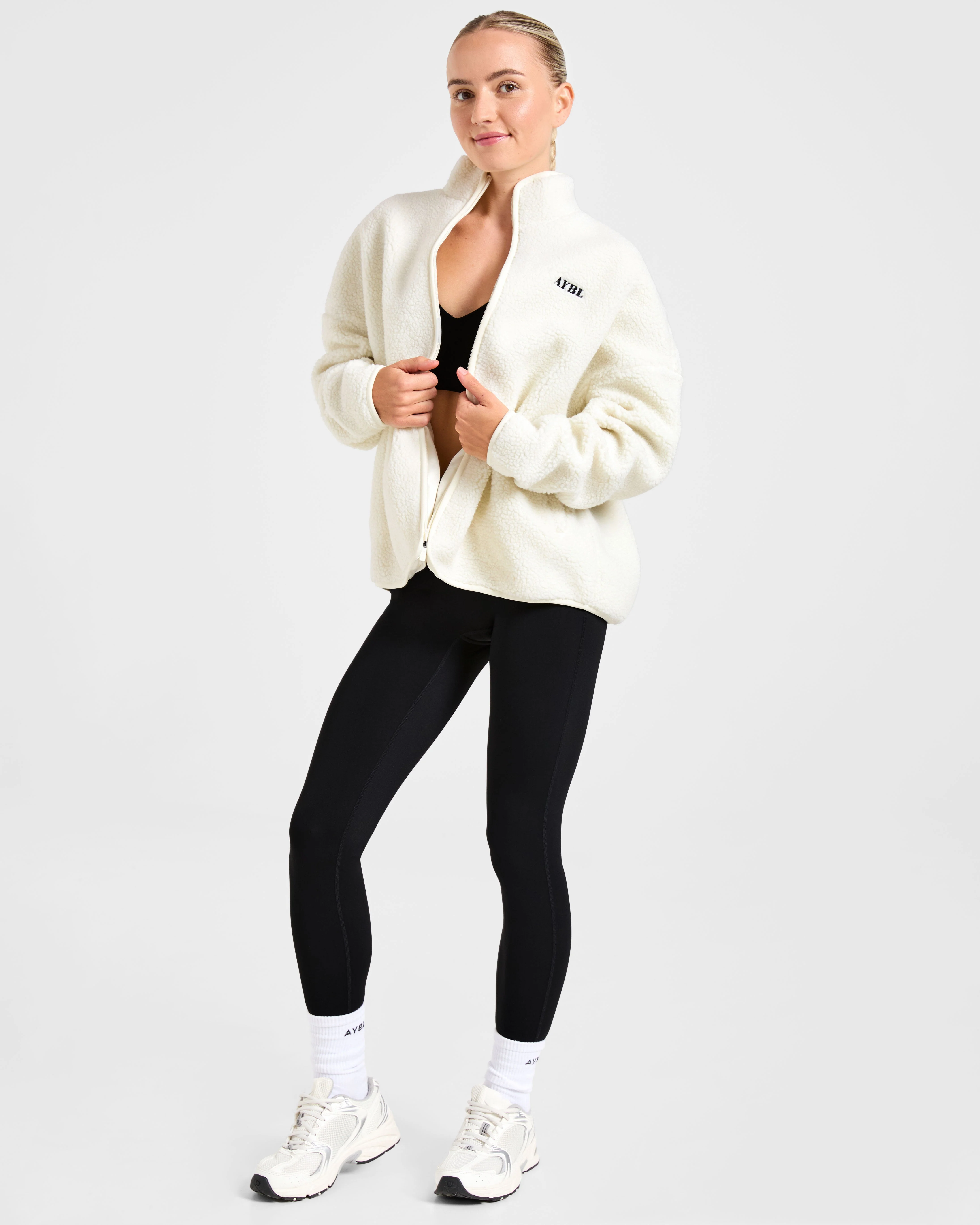 Oversized Zip Up Fleece Jacket - Crème - Image 8