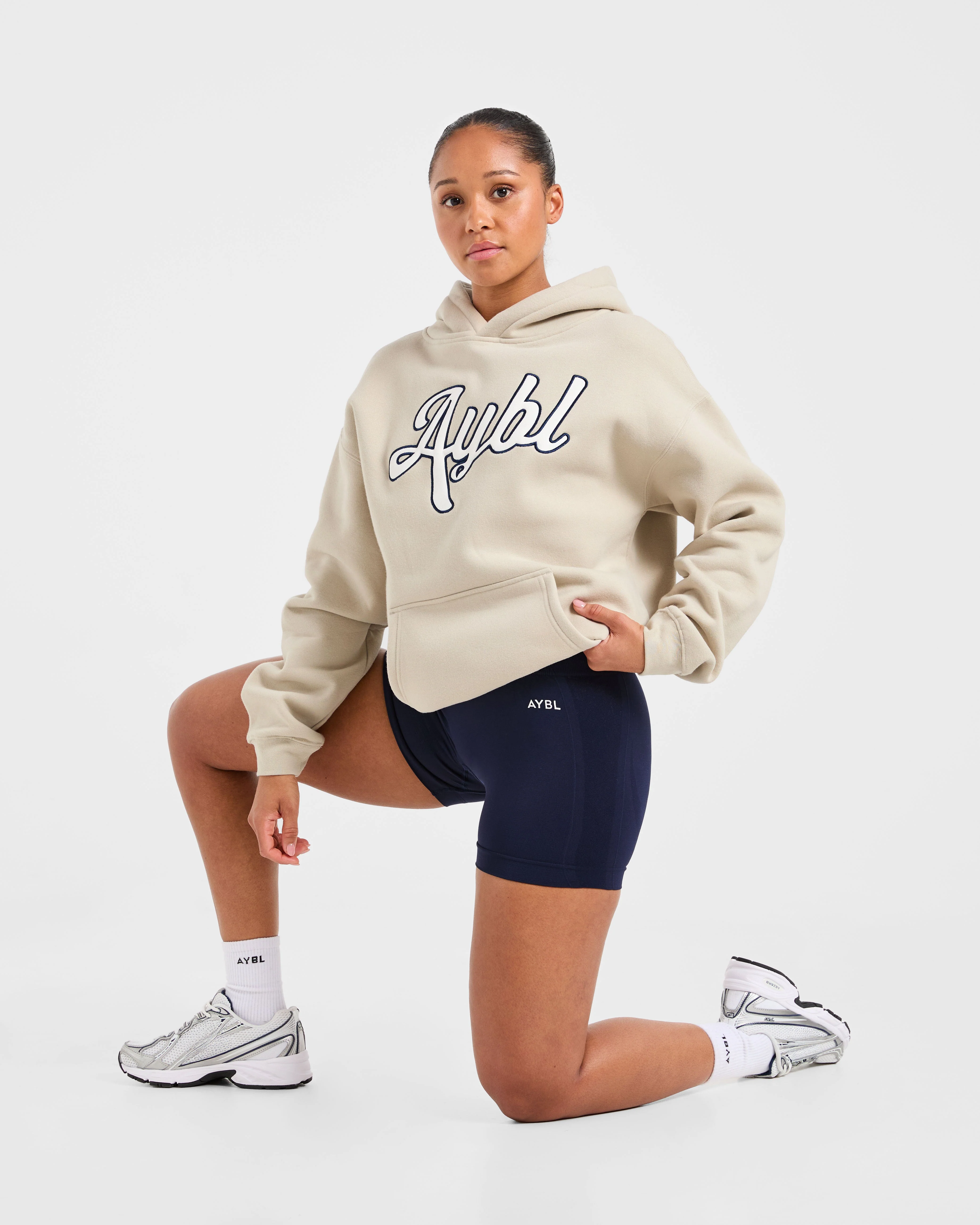 Script Embroidered Oversized Hoodie - Sand/Navy - Image 8