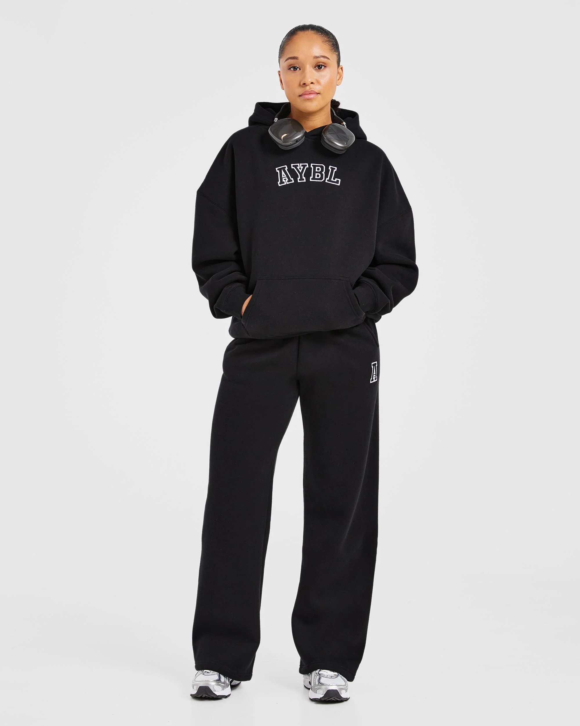 Varsity Embroidered Oversized Straight Leg Joggers - Black - Image 8