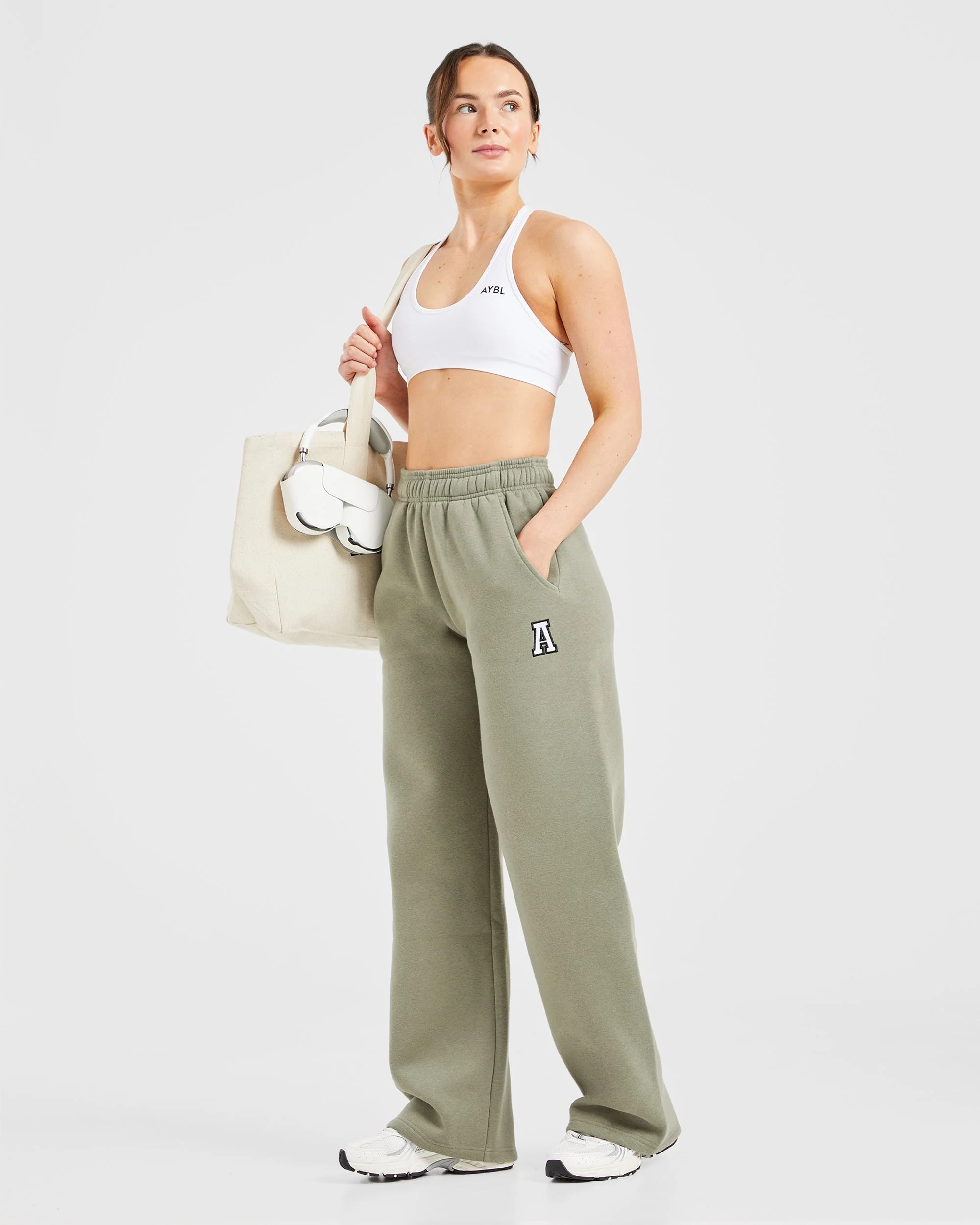 Varsity Embroidered Oversized Straight Leg Joggers - Muted Olive - Image 7