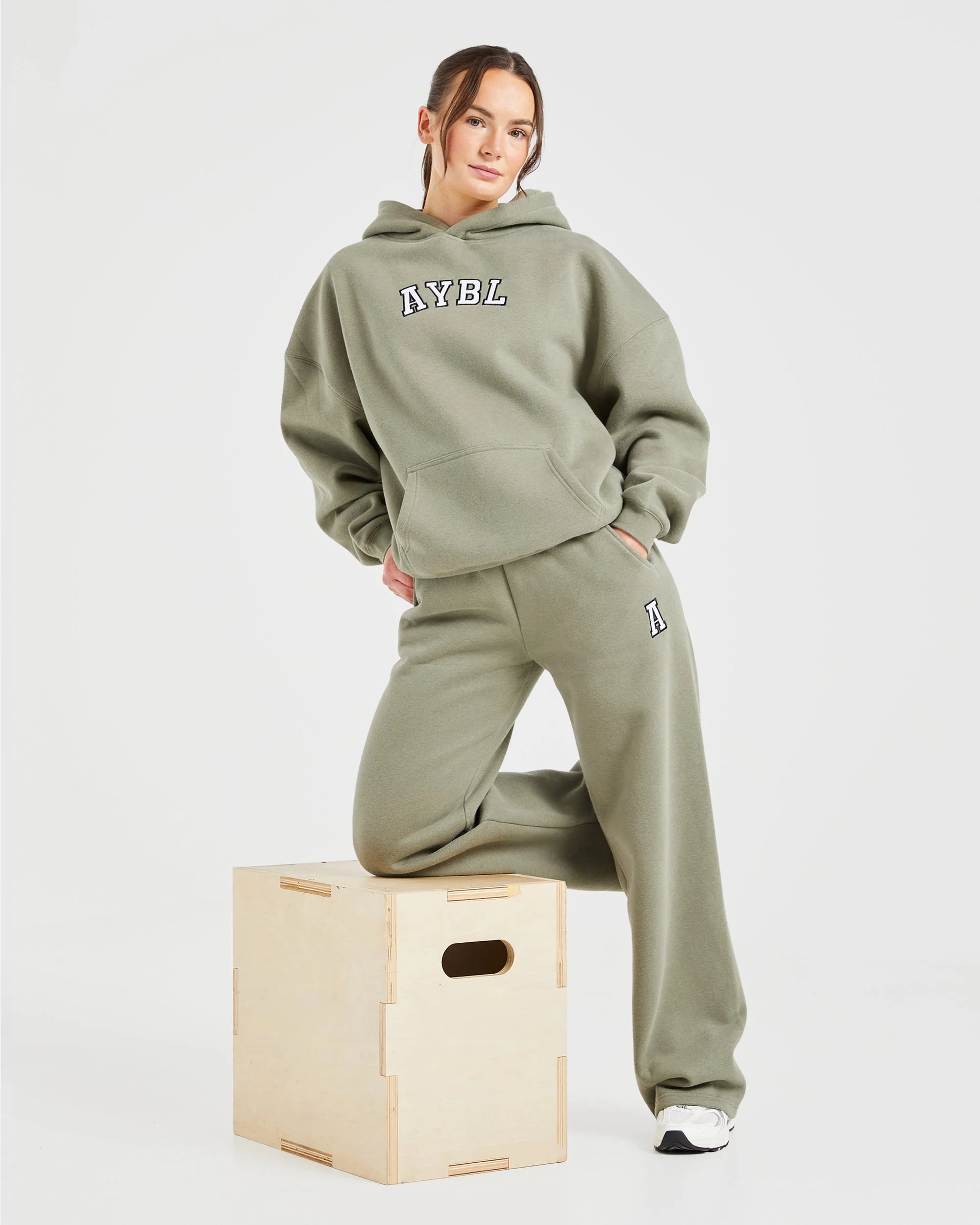 Varsity Embroidered Oversized Straight Leg Joggers - Muted Olive - Image 8