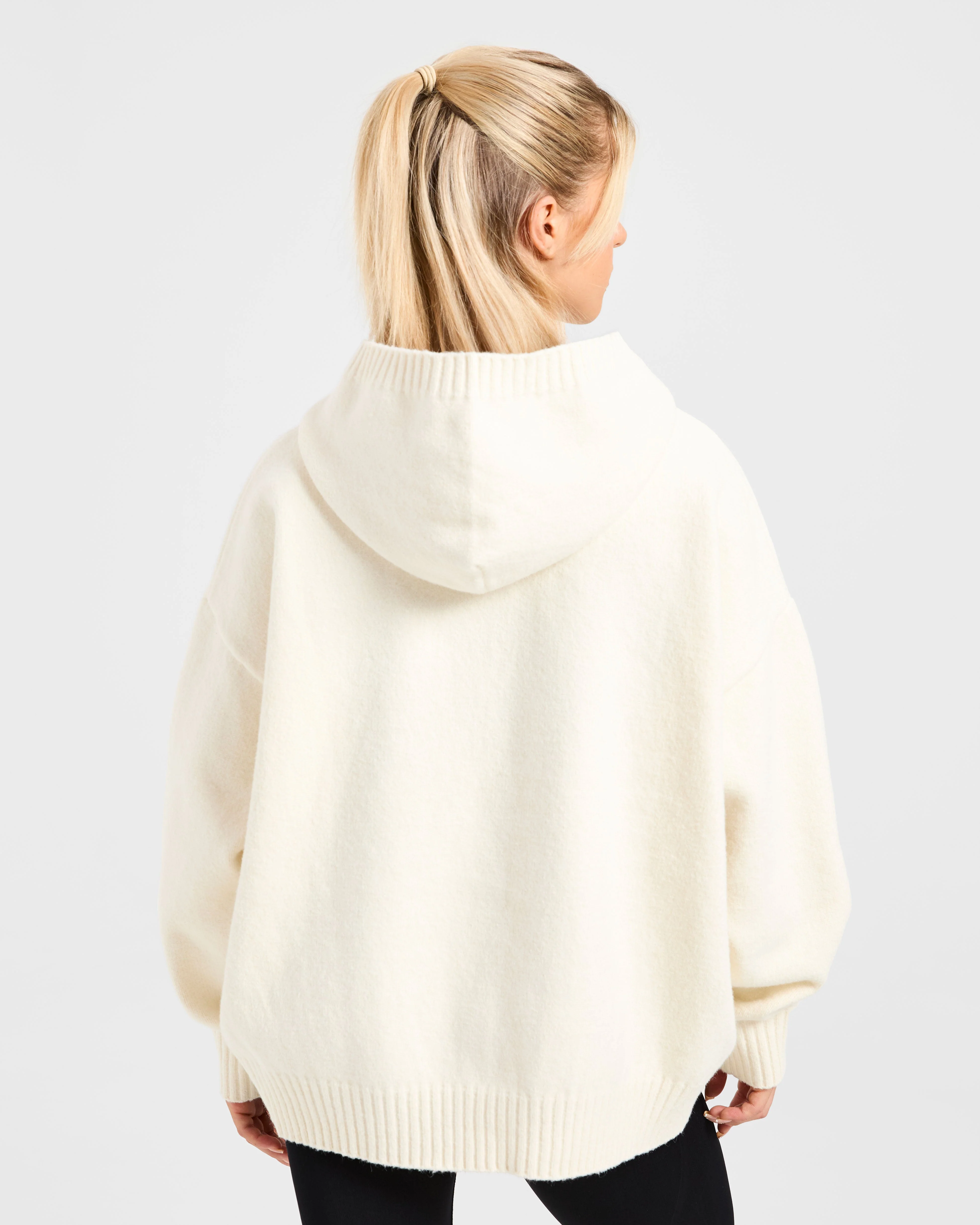 Varsity Minimal Logo Oversized Knitted Hoodie - Crème - Image 2