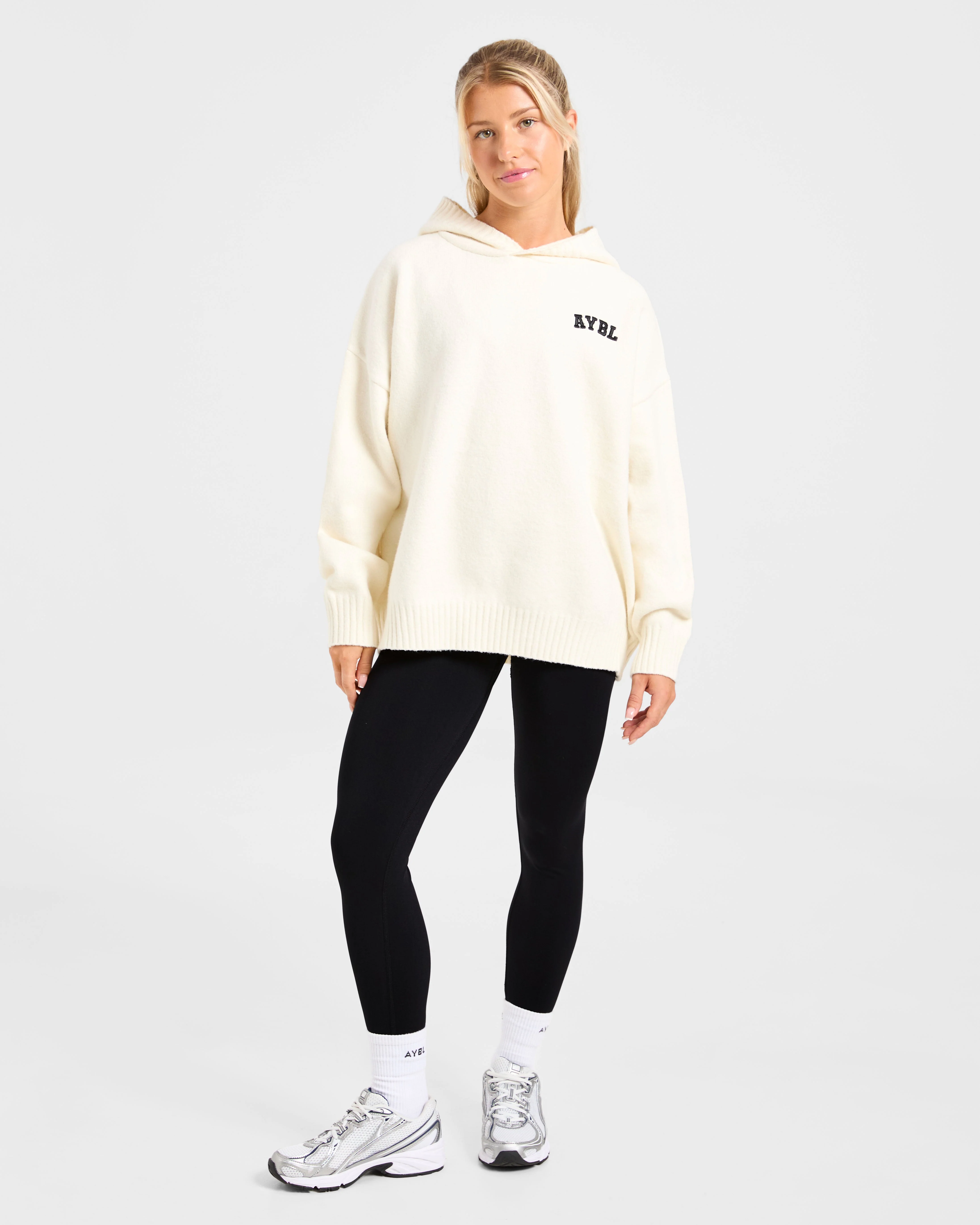 Varsity Minimal Logo Oversized Knitted Hoodie - Crème - Image 3
