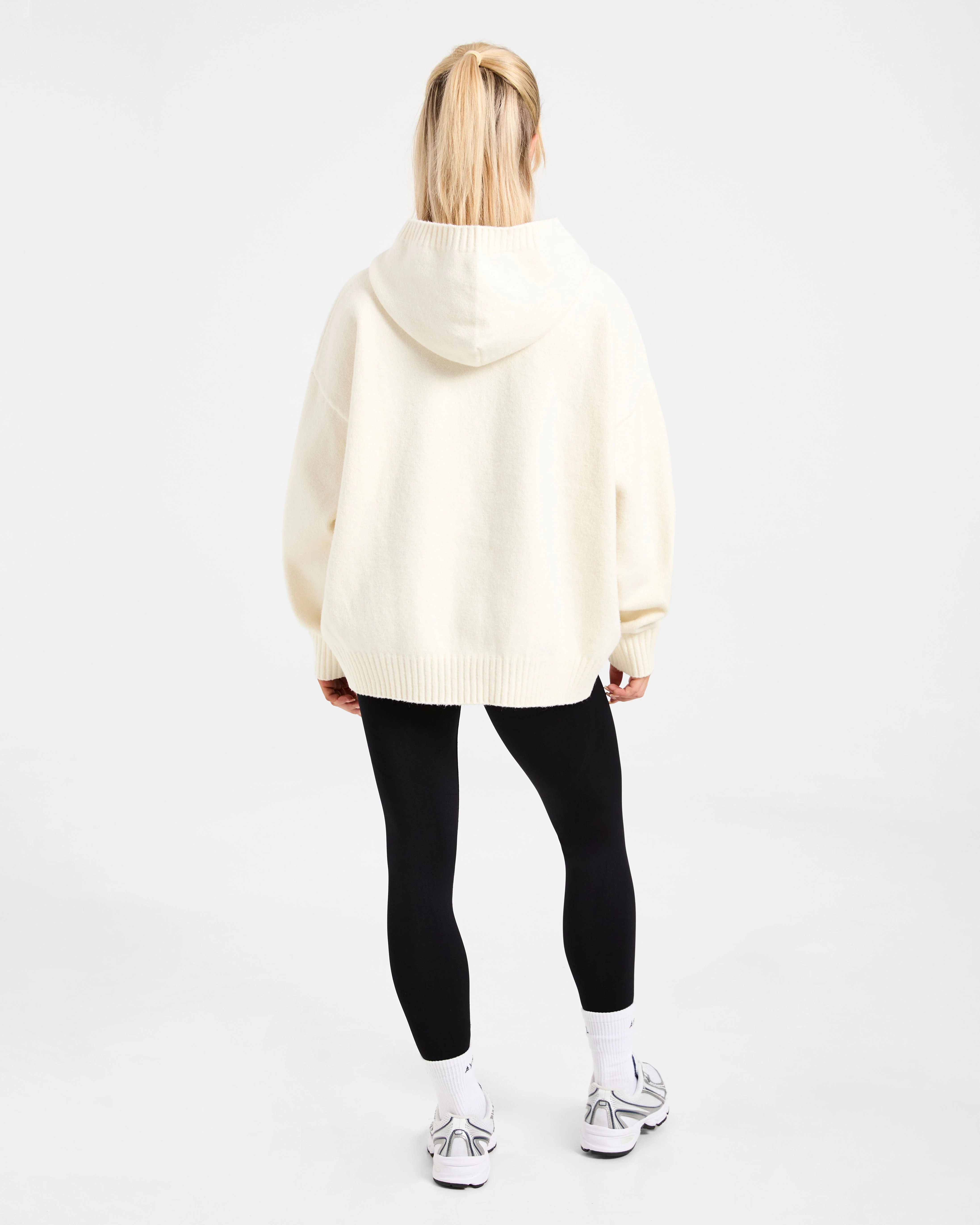 Varsity Minimal Logo Oversized Knitted Hoodie - Crème - Image 4