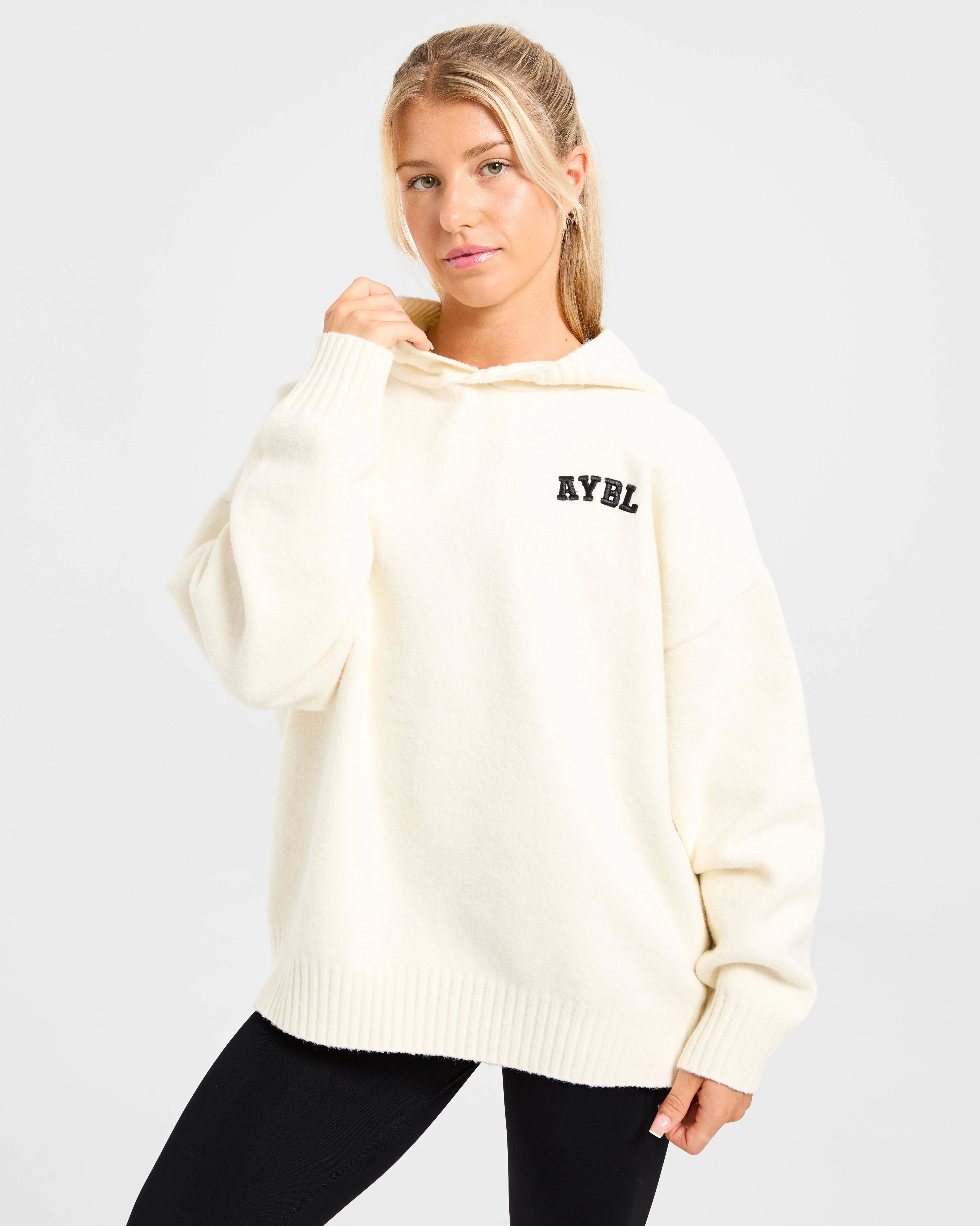 Varsity Minimal Logo Oversized Knitted Hoodie - Crème - Image 7