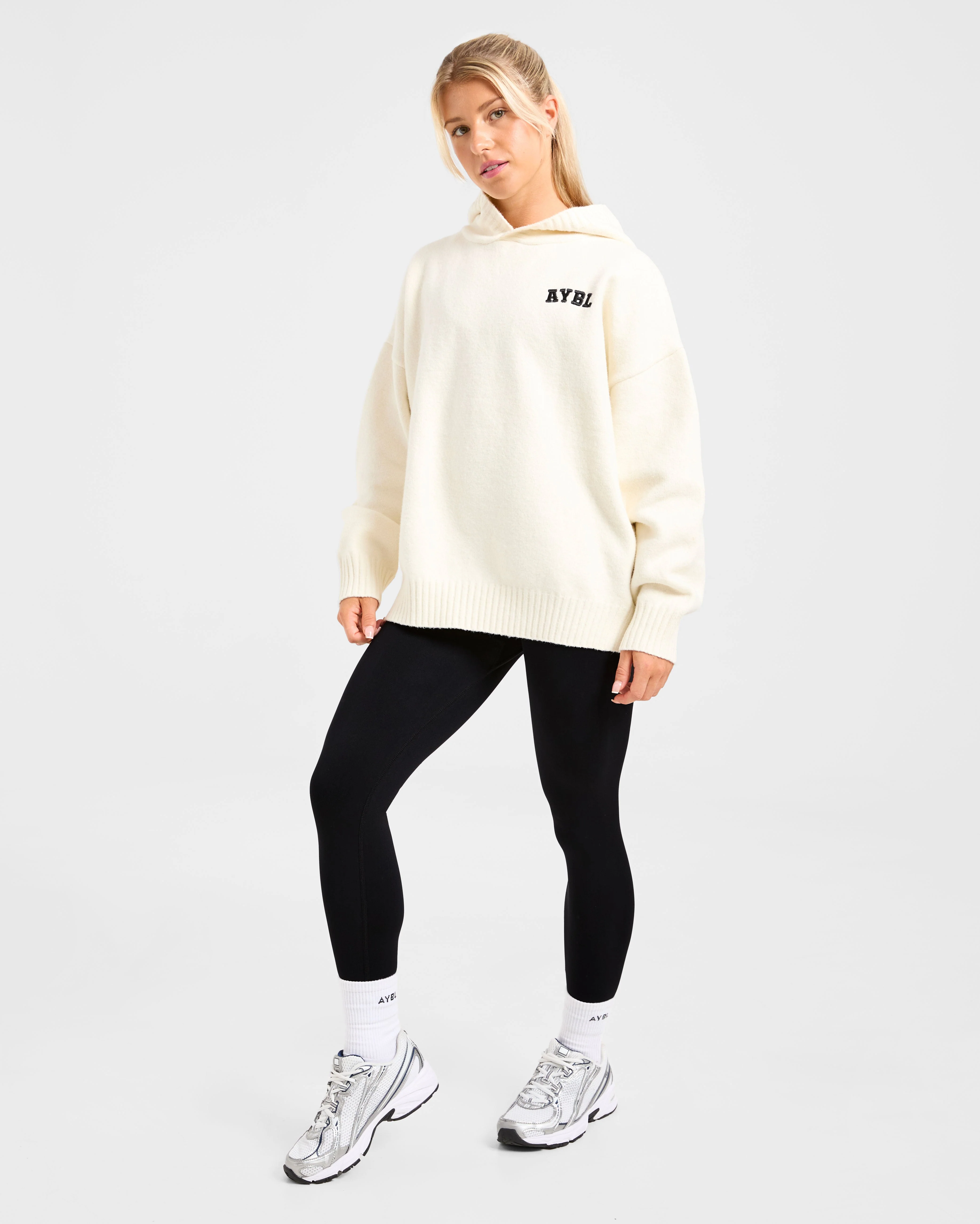 Varsity Minimal Logo Oversized Knitted Hoodie - Crème - Image 8