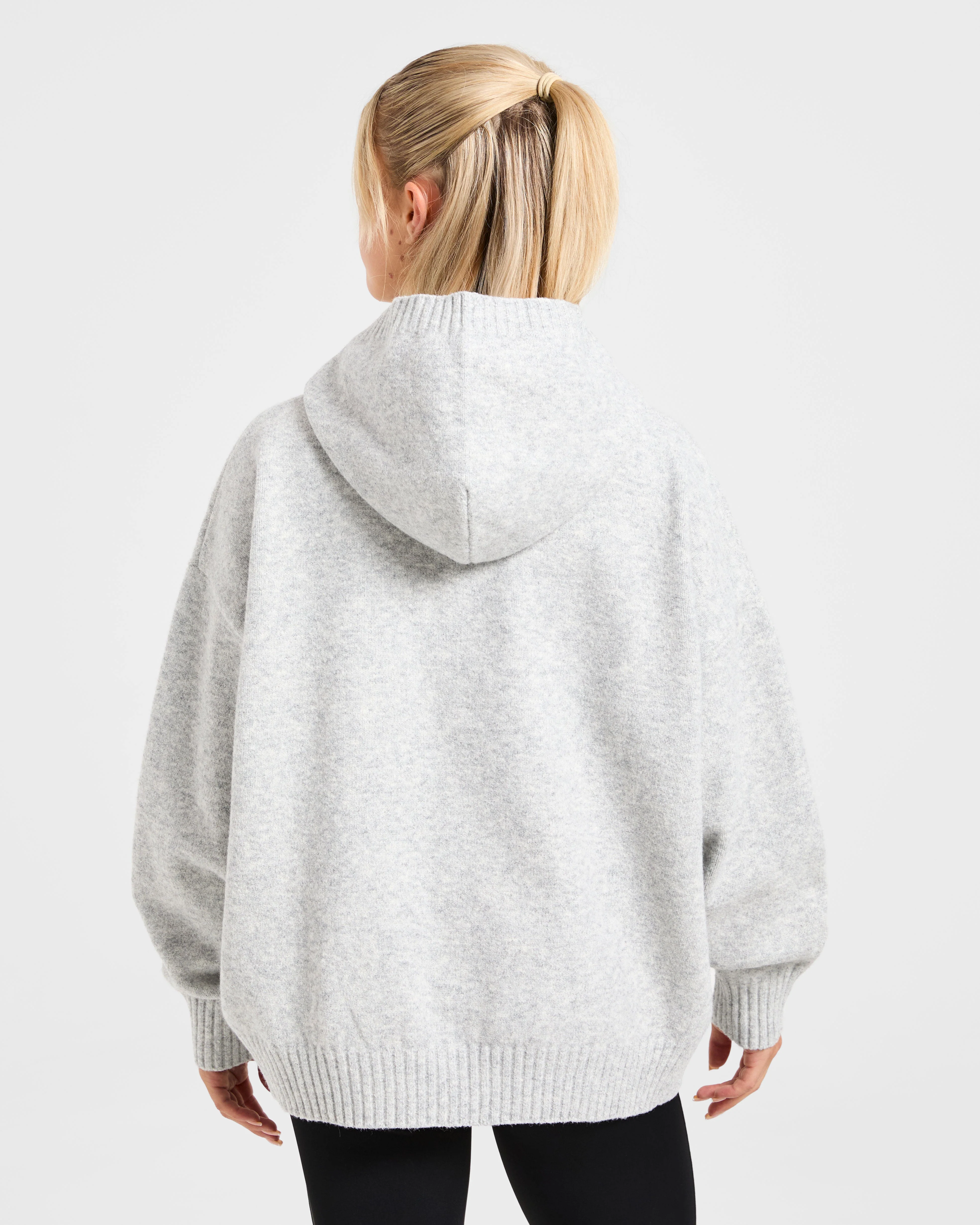 Varsity Minimal Logo Oversized Knitted Hoodie - Gris Marl/Burgundy - Image 2