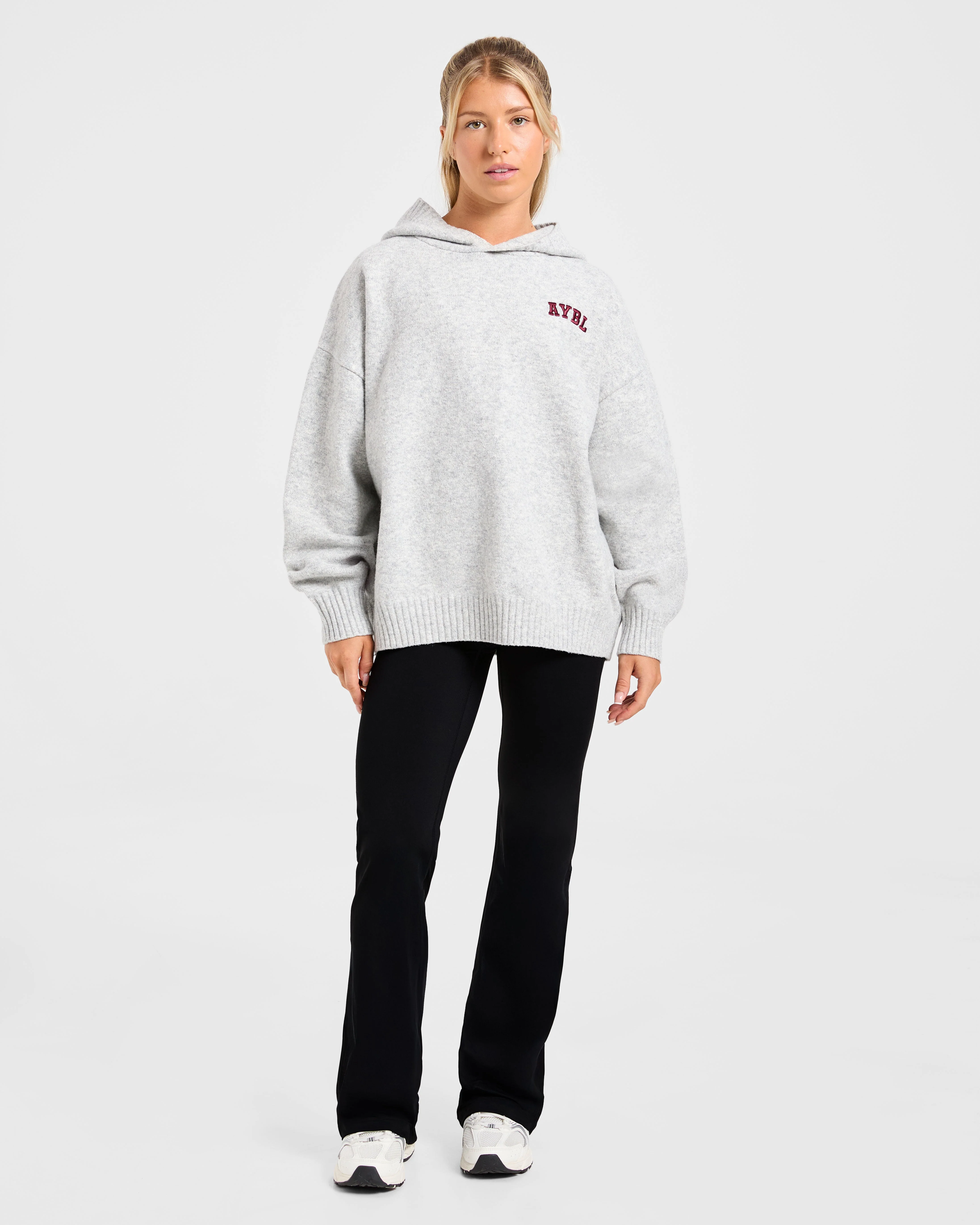 Varsity Minimal Logo Oversized Knitted Hoodie - Gris Marl/Burgundy - Image 3