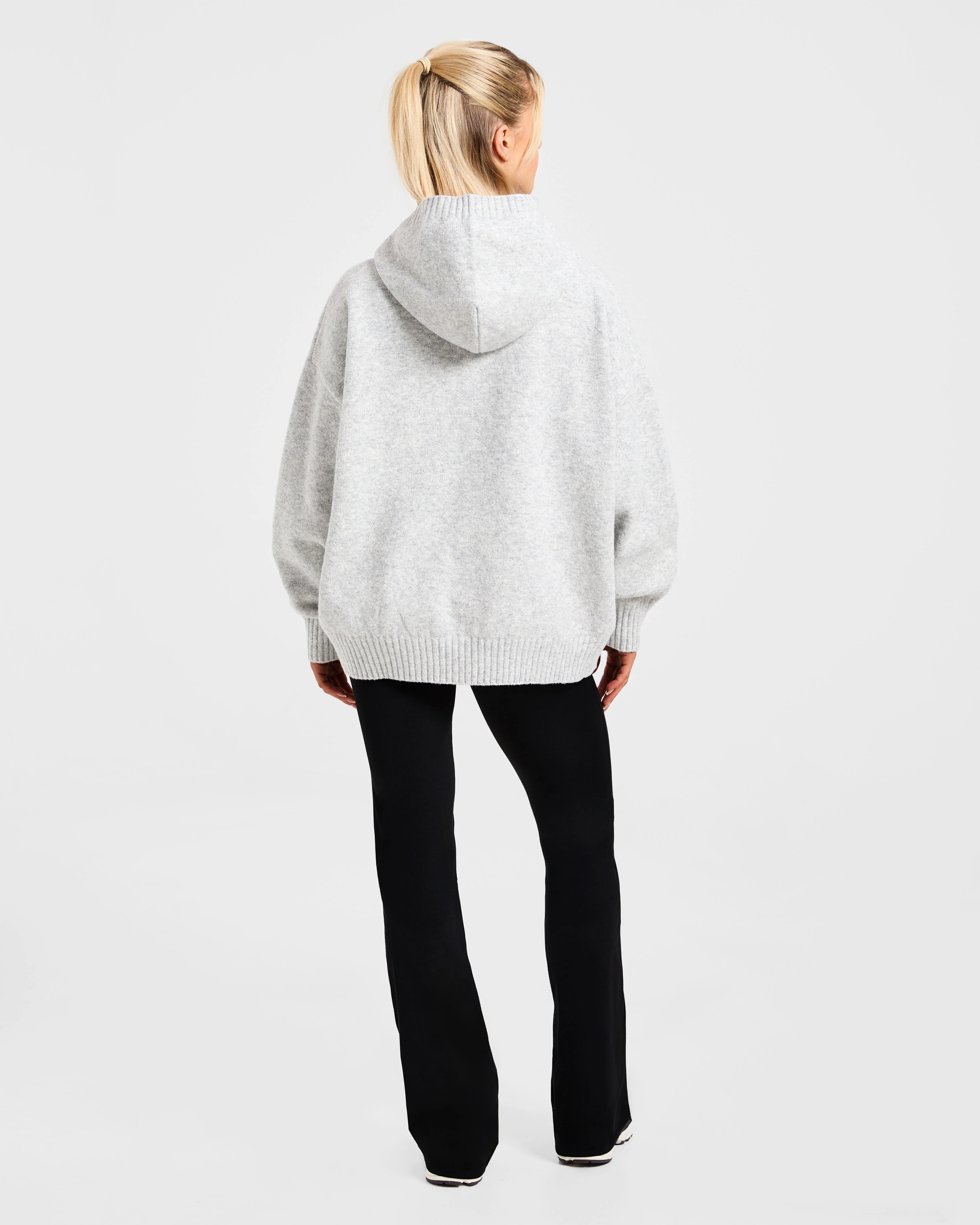 Varsity Minimal Logo Oversized Knitted Hoodie - Gris Marl/Burgundy - Image 4