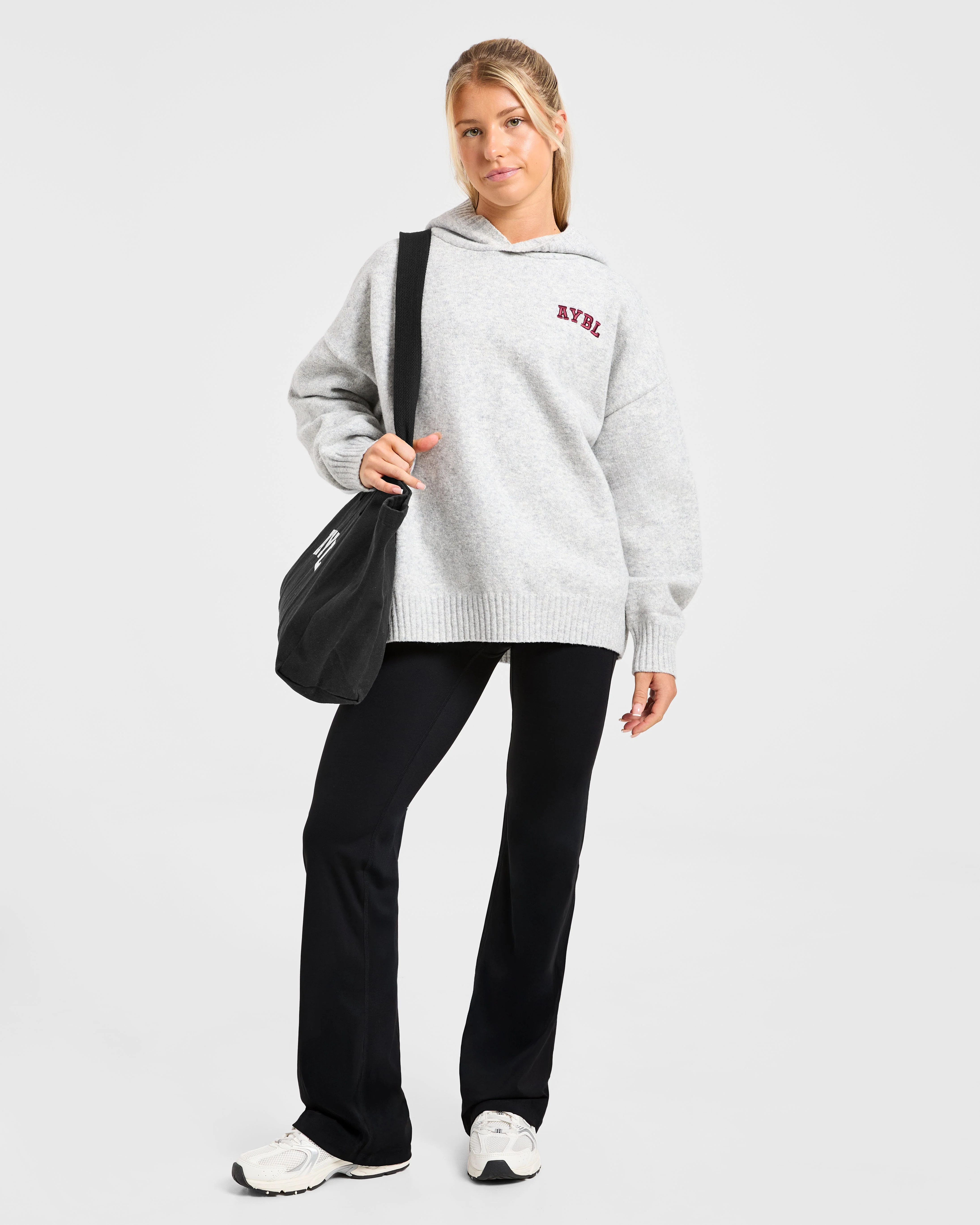 Varsity Minimal Logo Oversized Knitted Hoodie - Gris Marl/Burgundy - Image 7