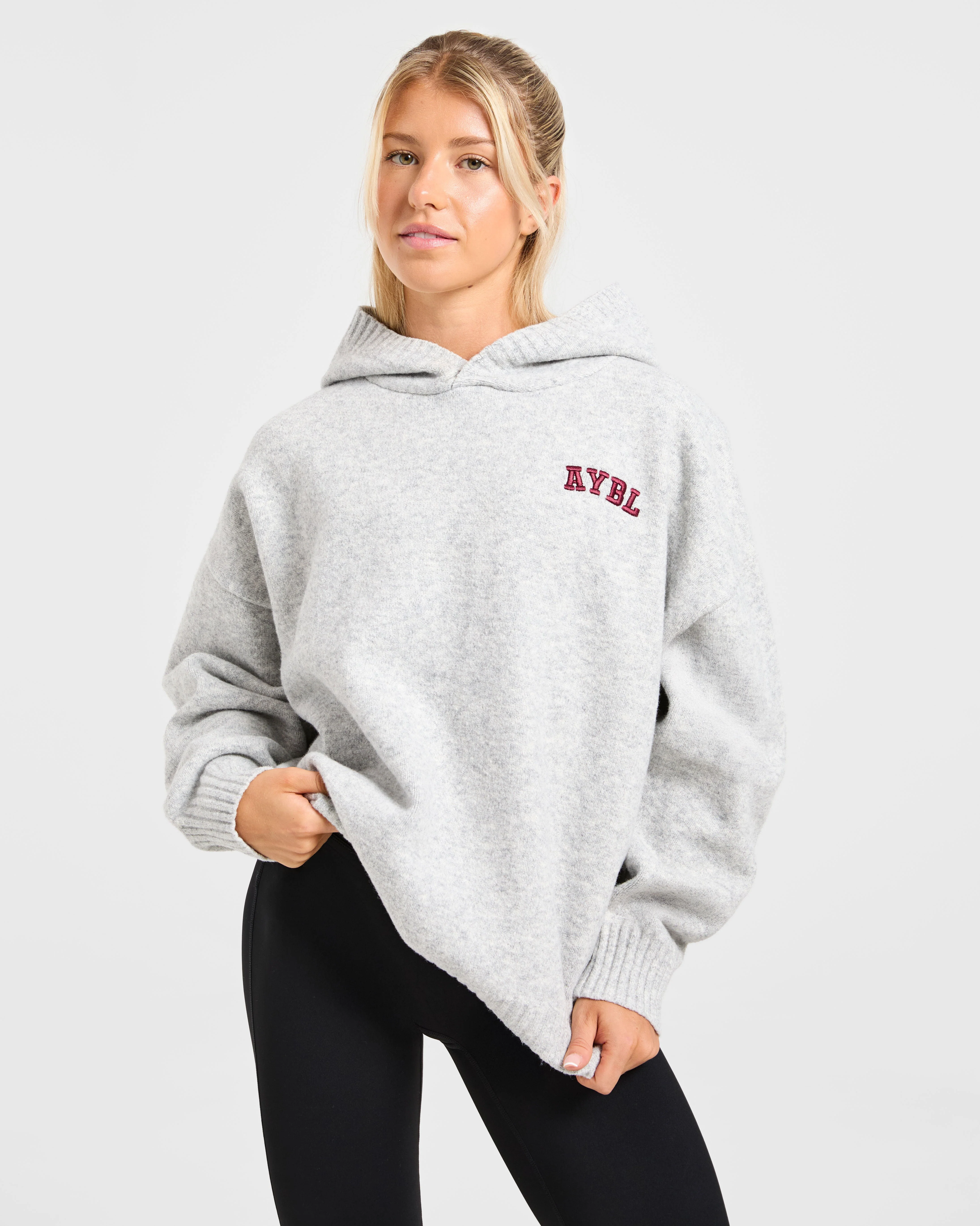 Varsity Minimal Logo Oversized Knitted Hoodie - Gris Marl/Burgundy - Image 8