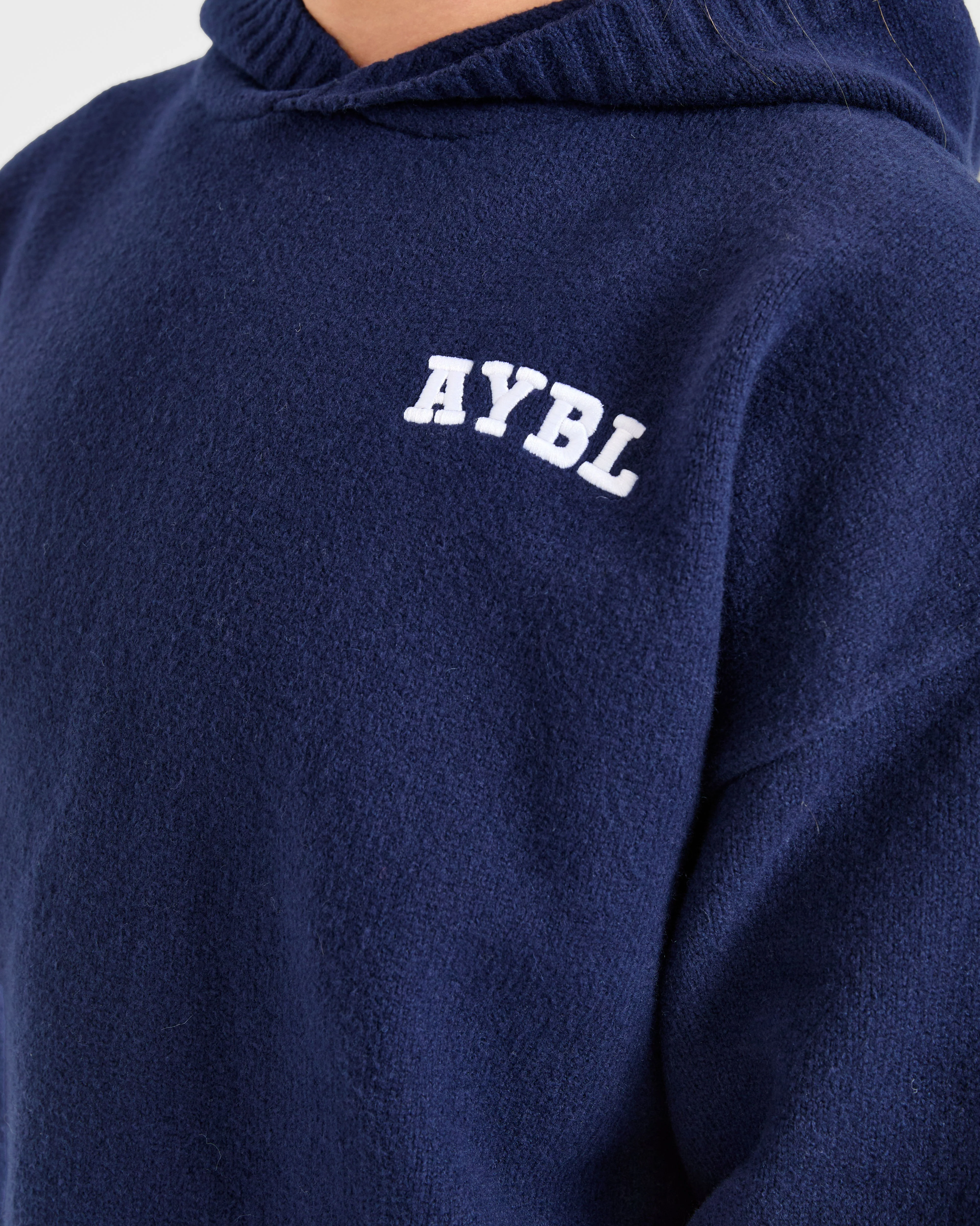 Varsity Minimal Logo Oversized Knitted Hoodie - Navy - Image 5