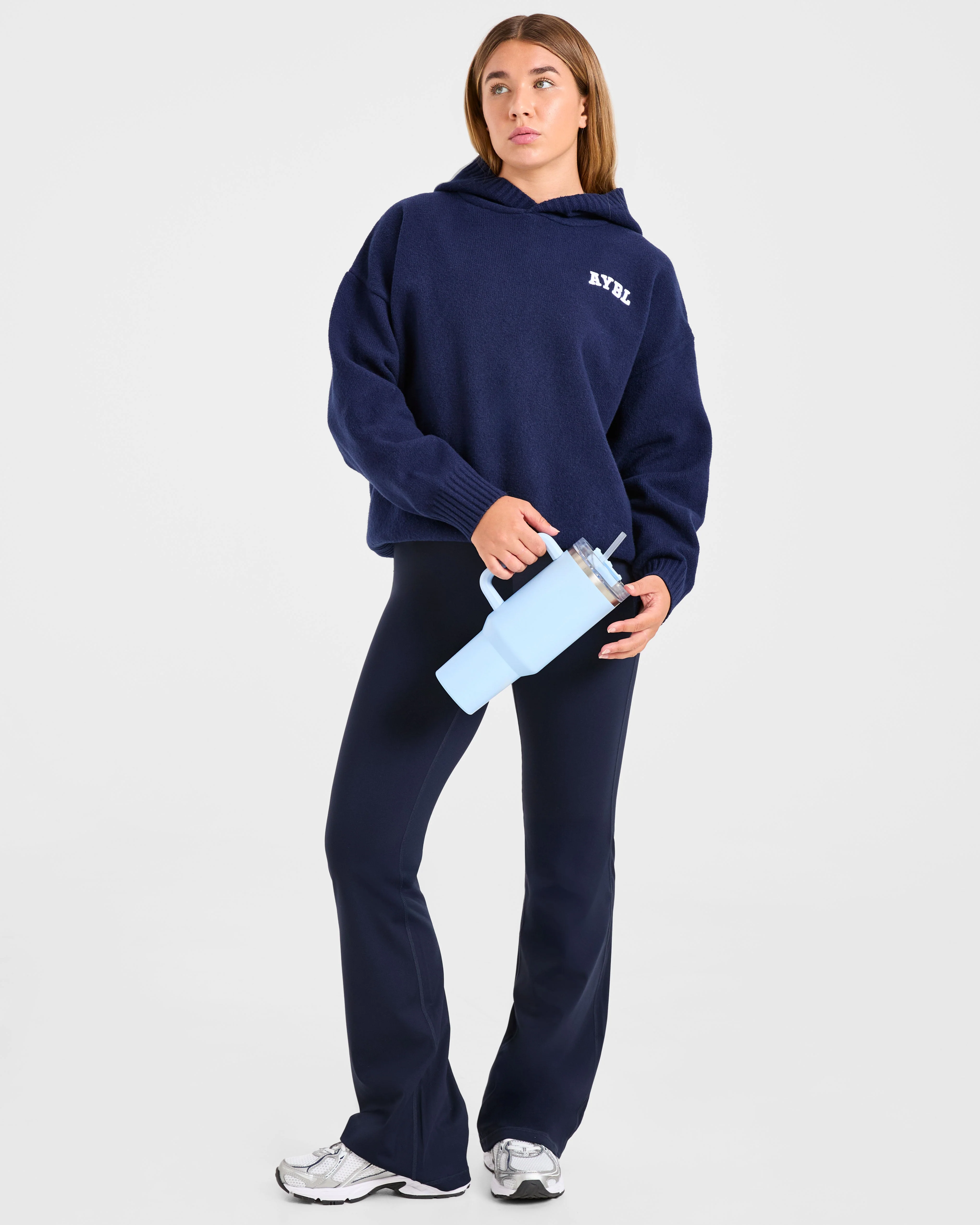 Varsity Minimal Logo Oversized Knitted Hoodie - Navy - Image 7