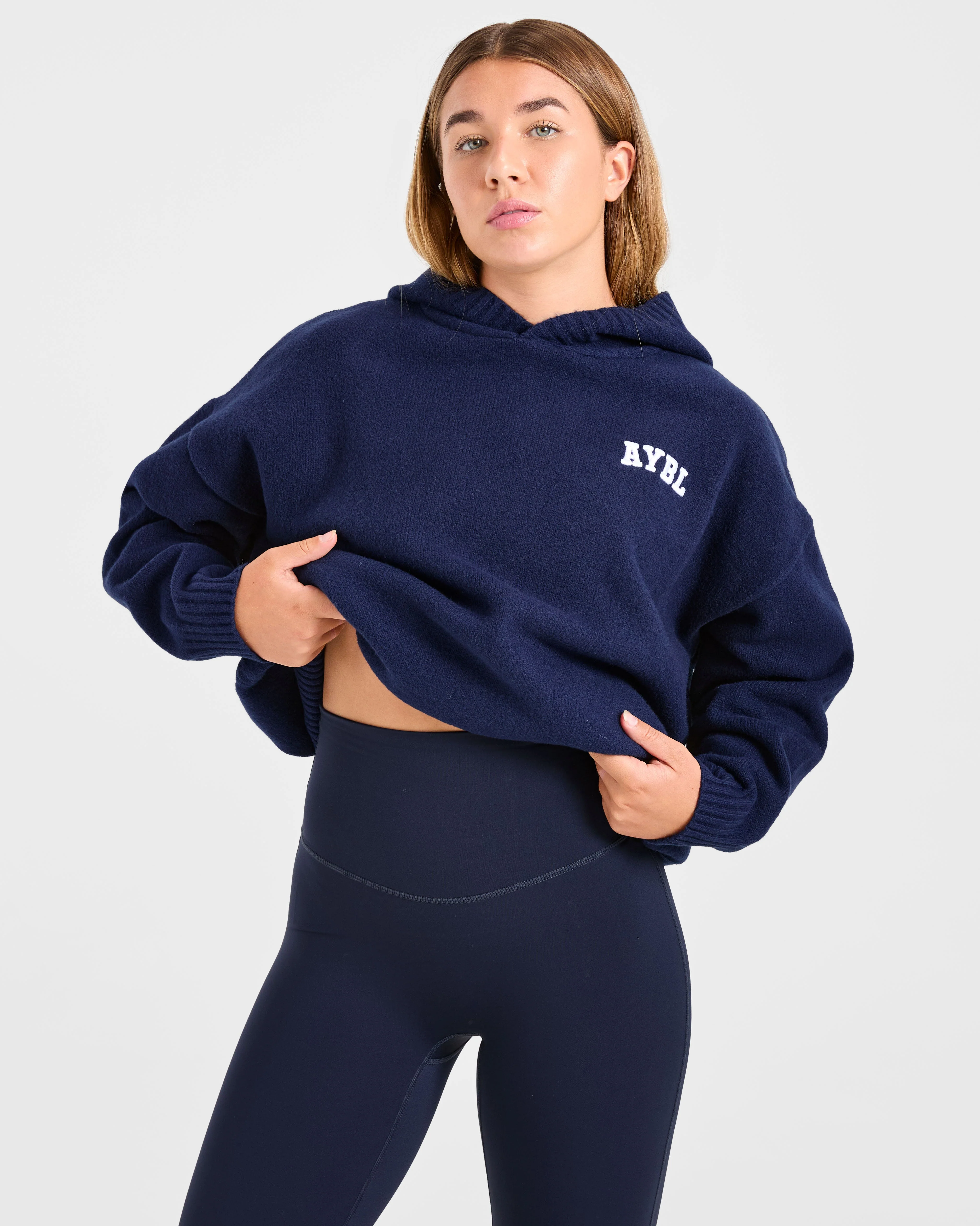 Varsity Minimal Logo Oversized Knitted Hoodie - Navy - Image 8