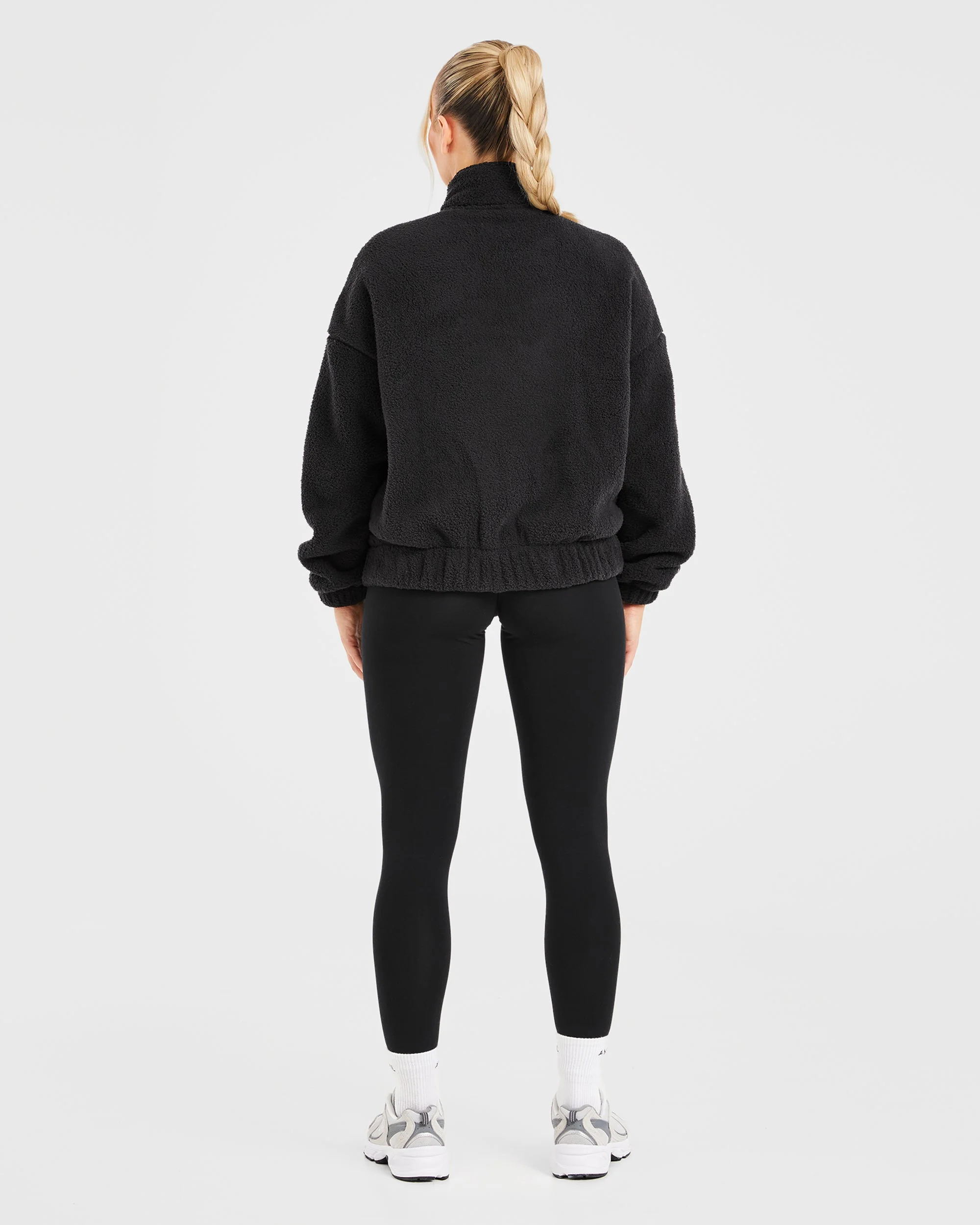 Varsity Oversized Fleece Zip Up Jacket - Black - Image 4