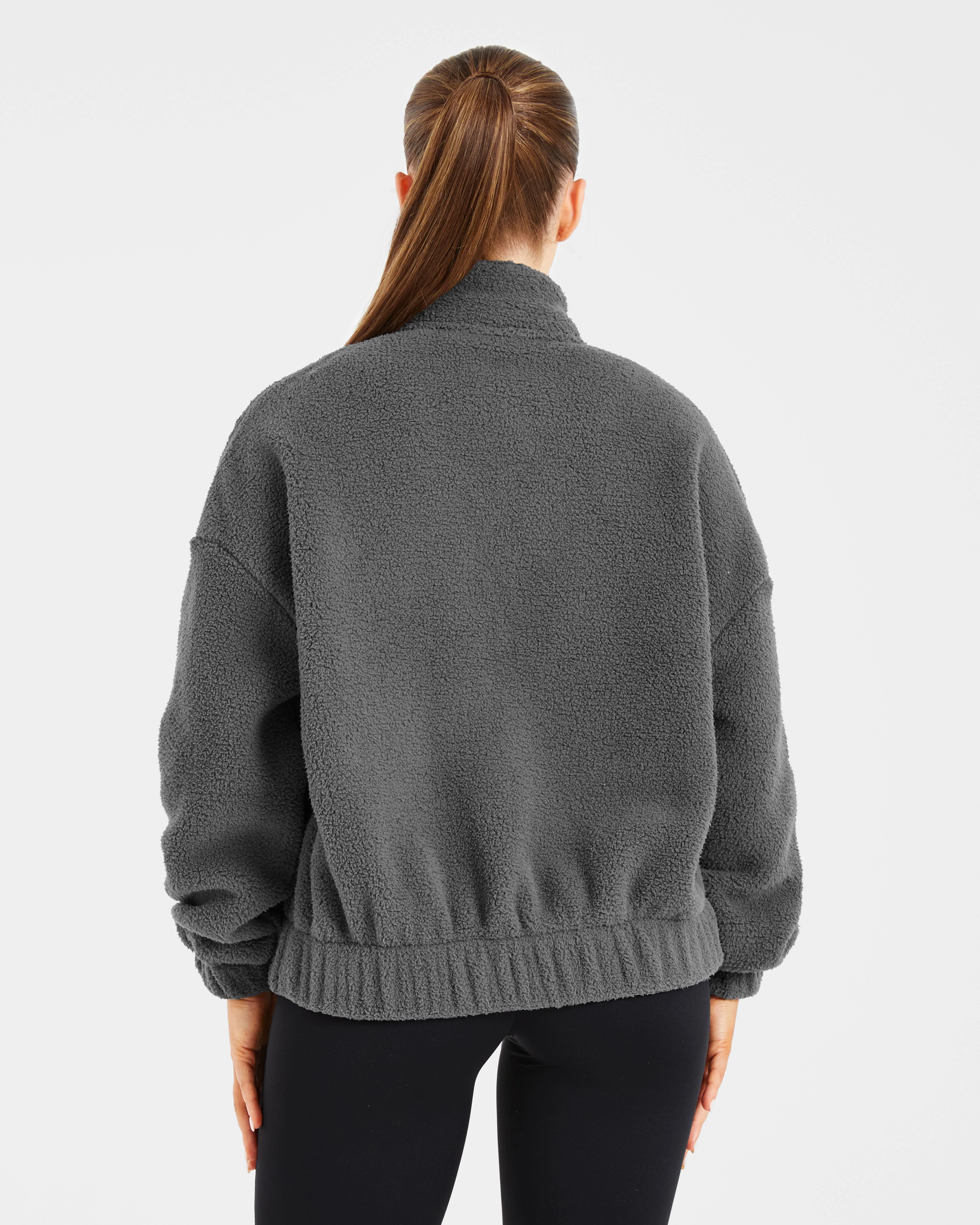 Varsity Oversized Fleece Zip Up Jacket - Charcoal - Image 2