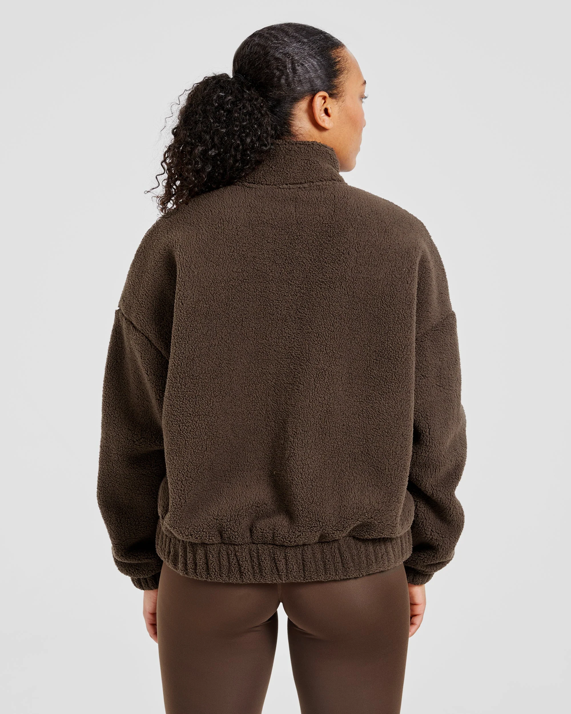 Varsity Oversized Fleece Zip Up Jacket - Cocoa Brown - Image 2