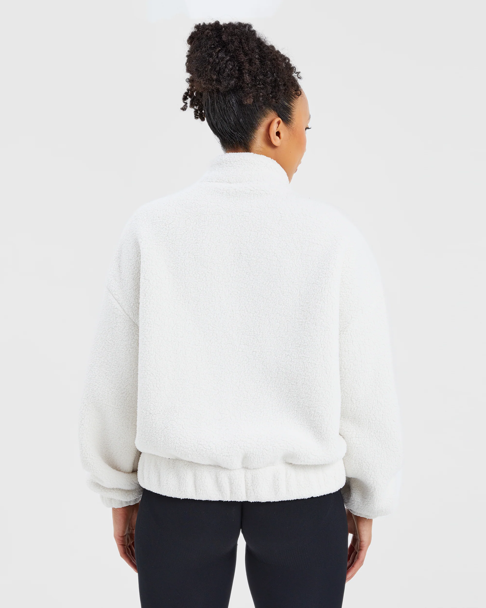 Varsity Oversized Fleece Zip Up Jacket - Cream/White - Image 2