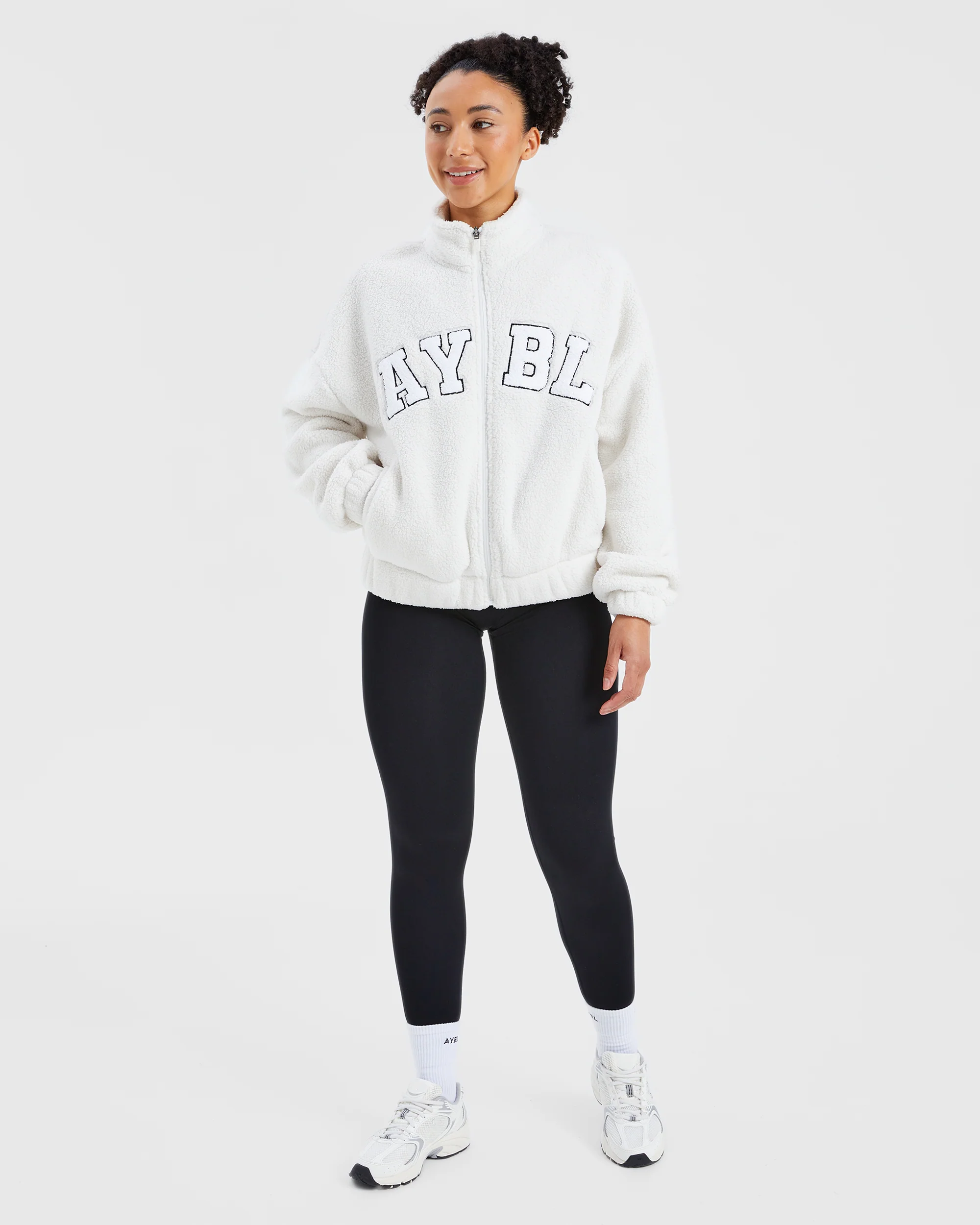 Varsity Oversized Fleece Zip Up Jacket - Cream/White - Image 3