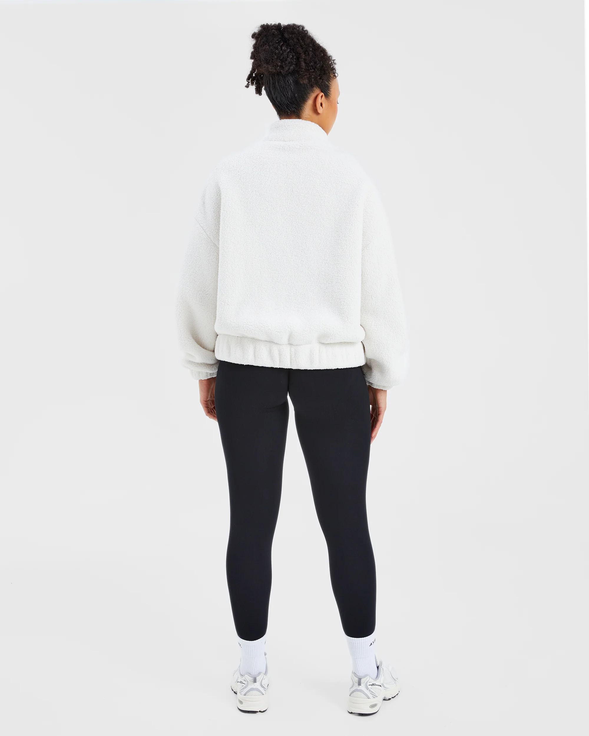 Varsity Oversized Fleece Zip Up Jacket - Cream/White - Image 4