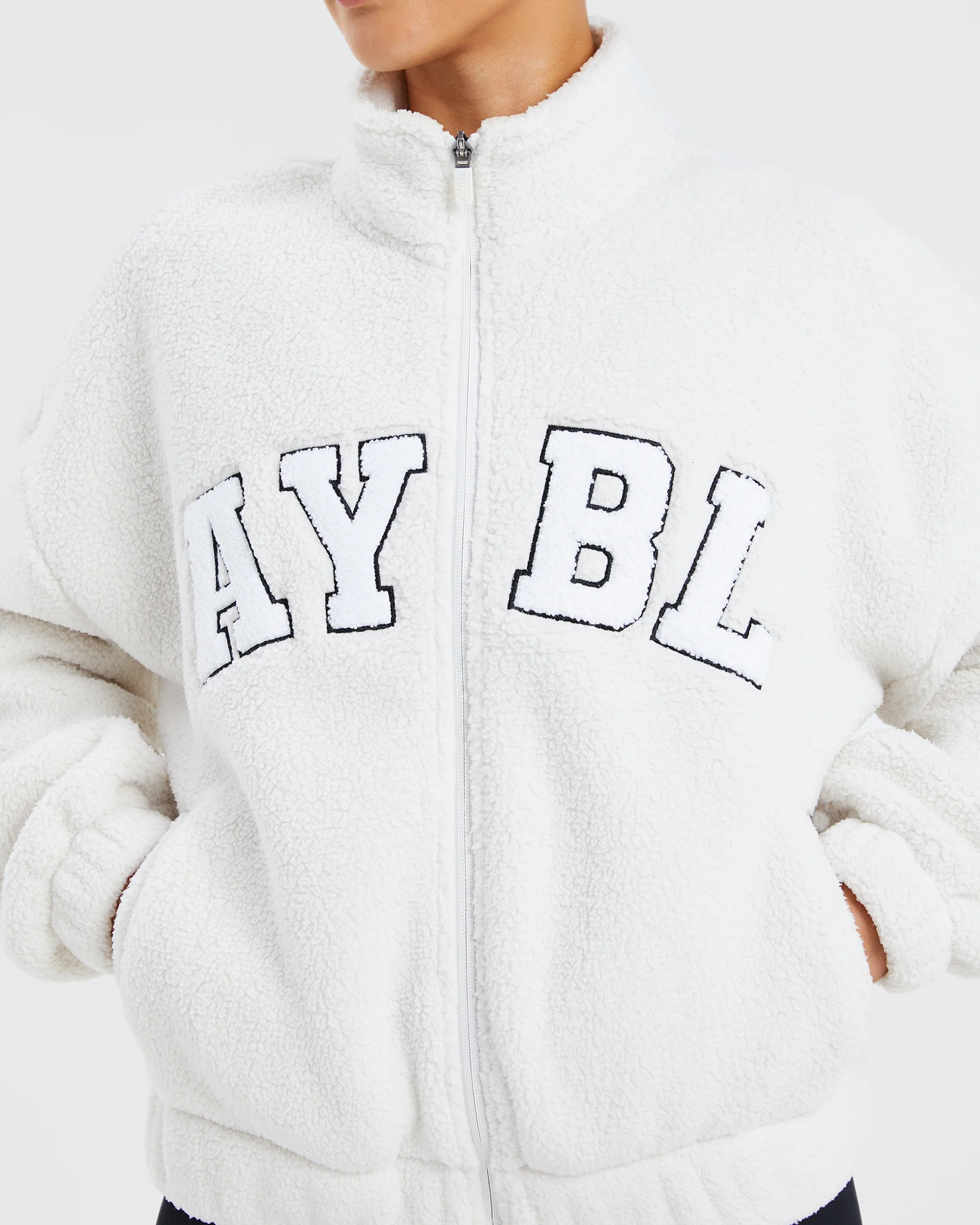 Varsity Oversized Fleece Zip Up Jacket - Cream/White - Image 5