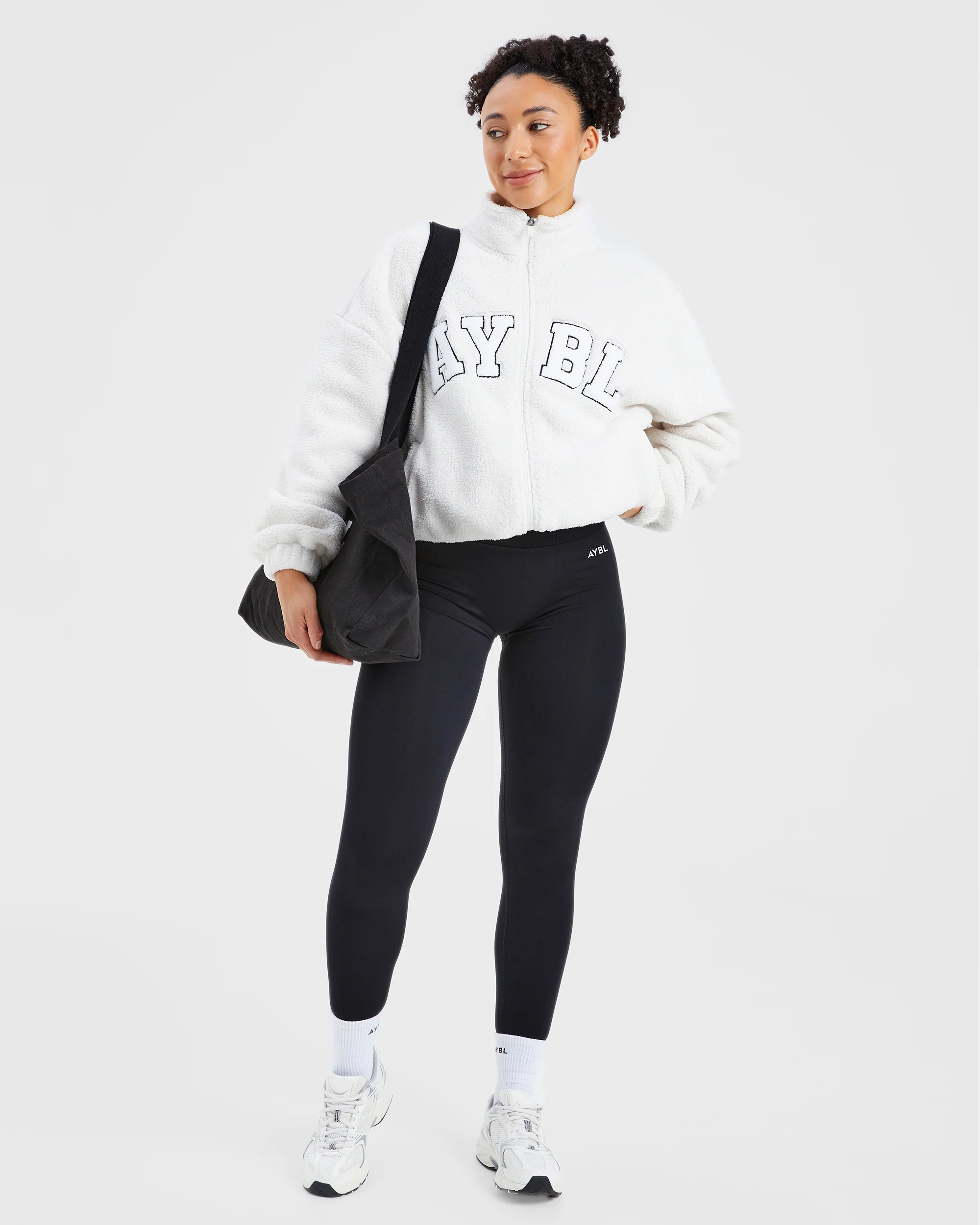 Varsity Oversized Fleece Zip Up Jacket - Cream/White - Image 7