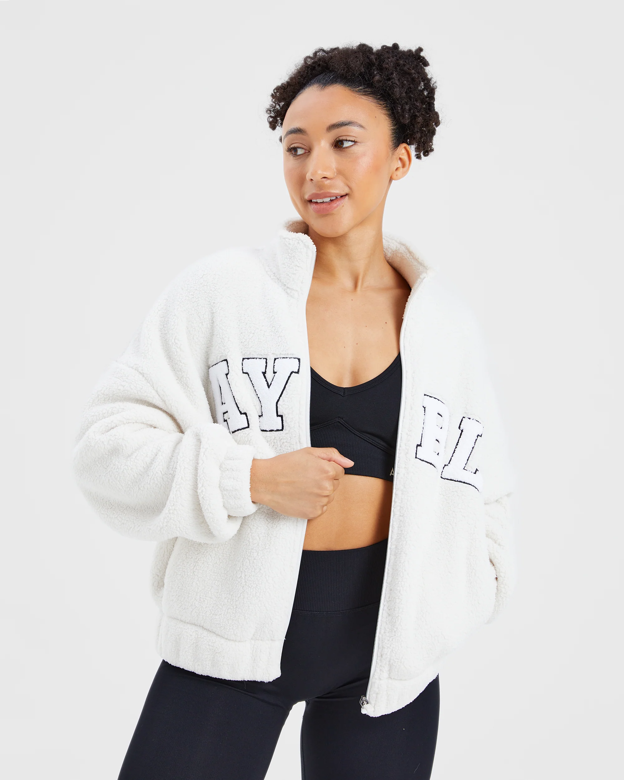 Varsity Oversized Fleece Zip Up Jacket - Cream/White - Image 8