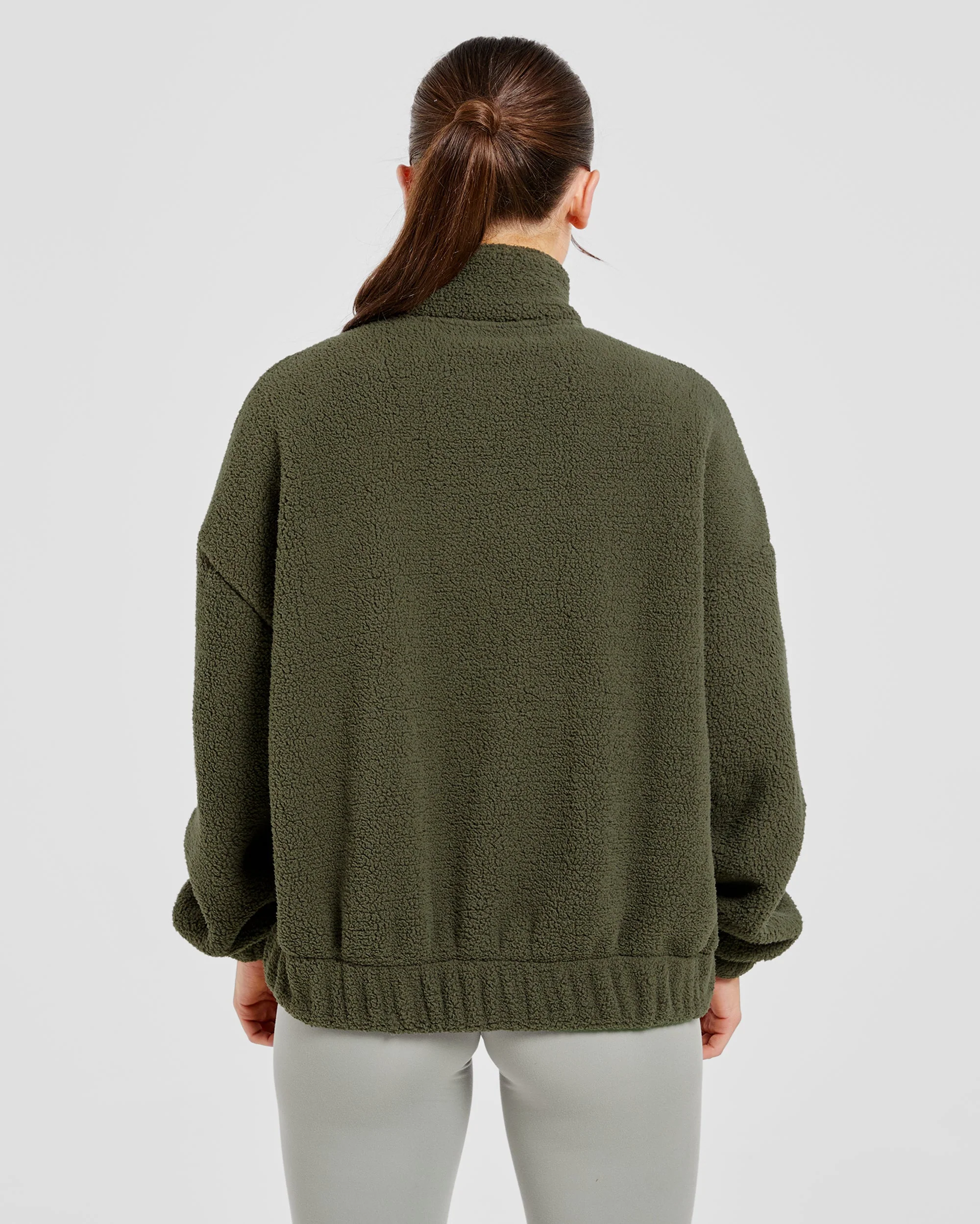Varsity Oversized Fleece Zip Up Jacket - Khaki Green - Image 2