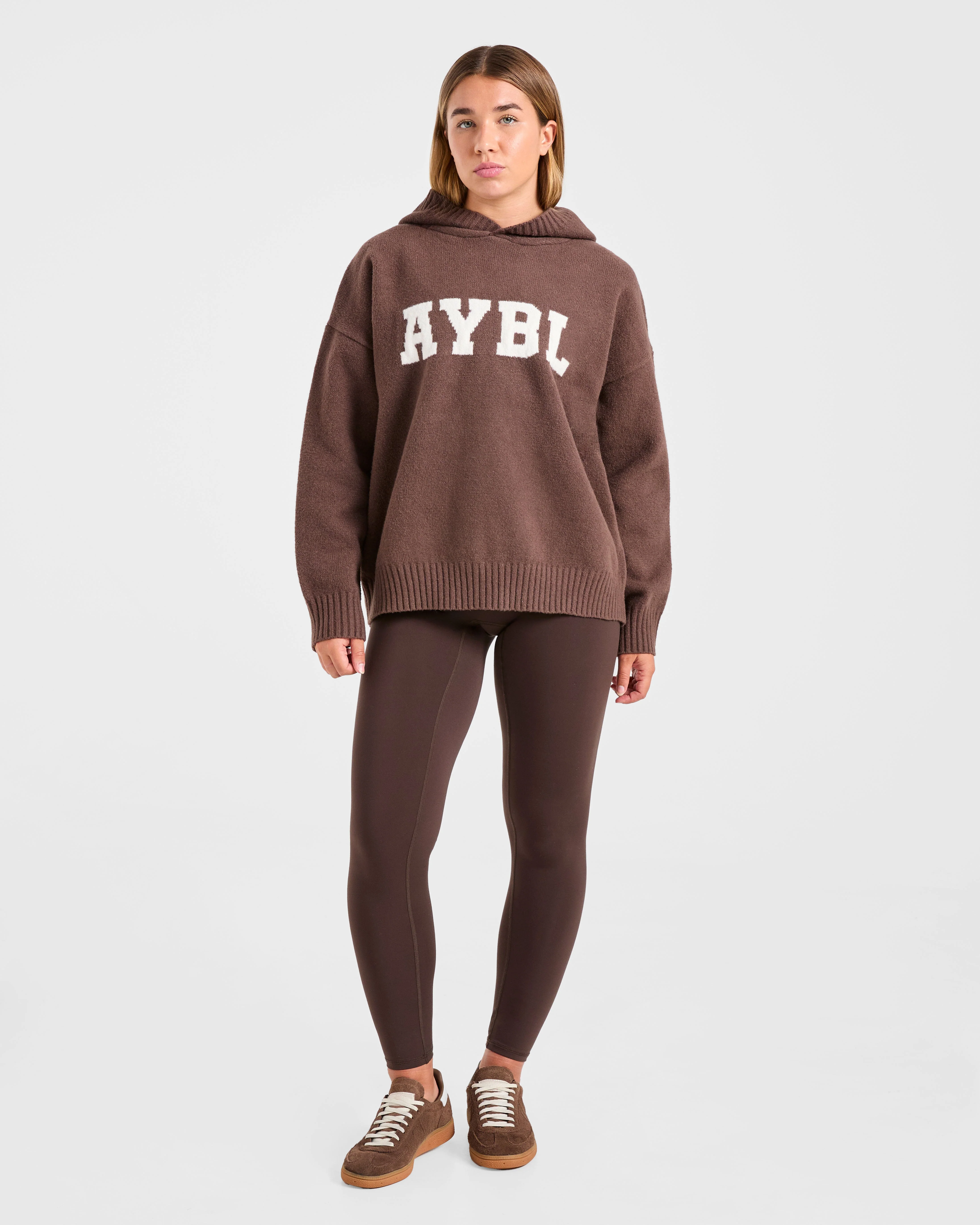 Varsity Oversized Knitted Hoodie - Marron - Image 3