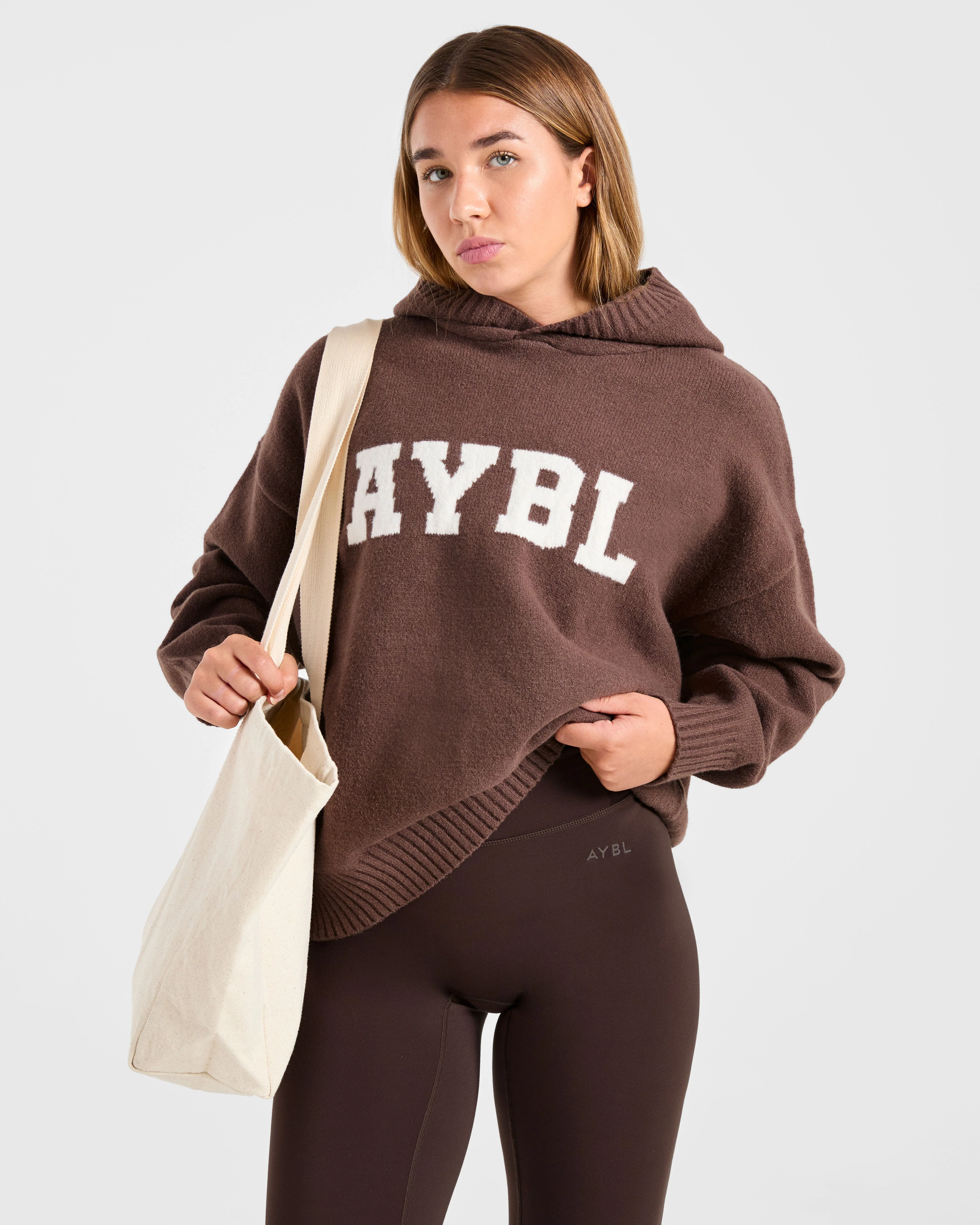 Varsity Oversized Knitted Hoodie - Marron - Image 8