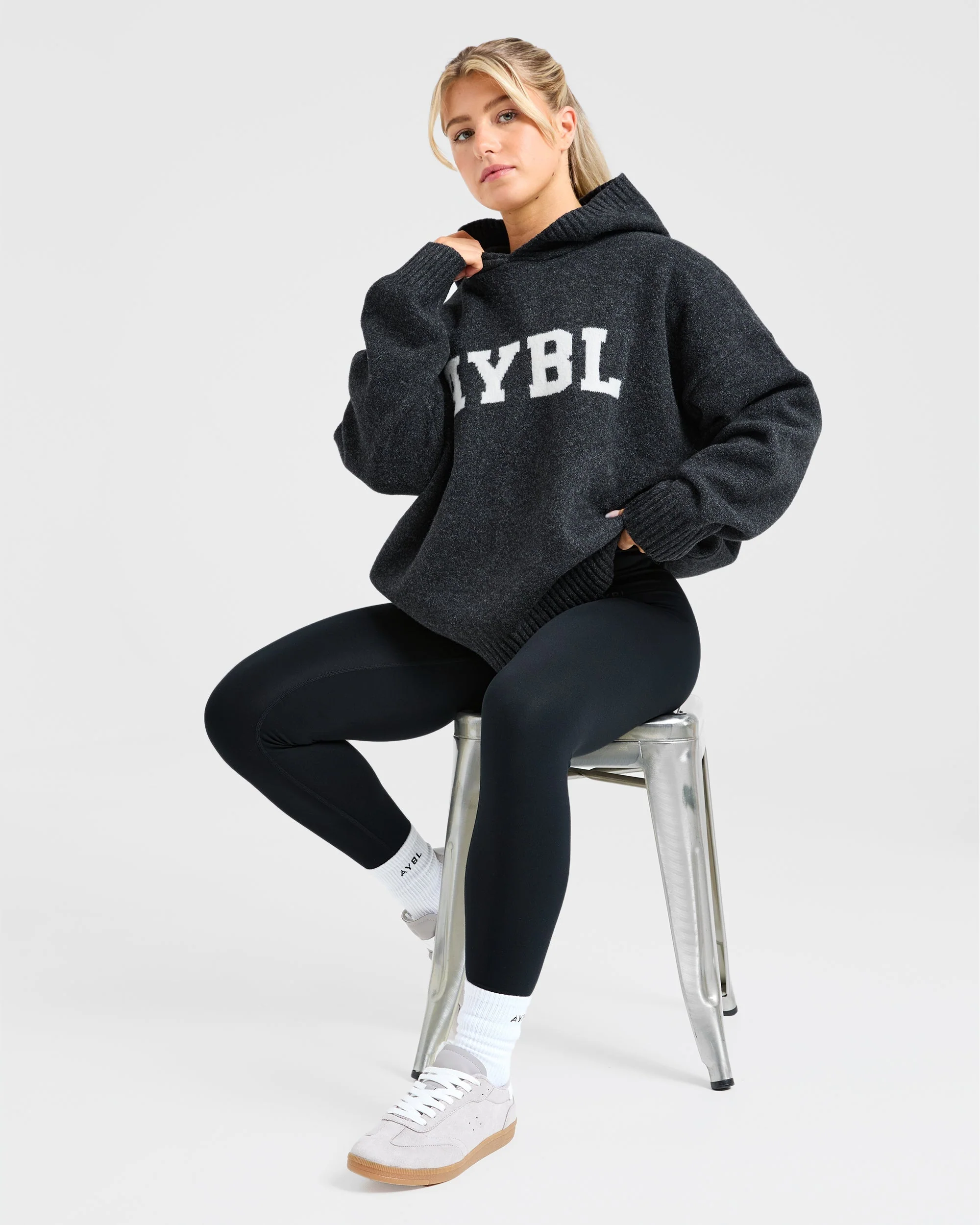 Varsity Oversized Knitted Hoodie - Charcoal - Image 8
