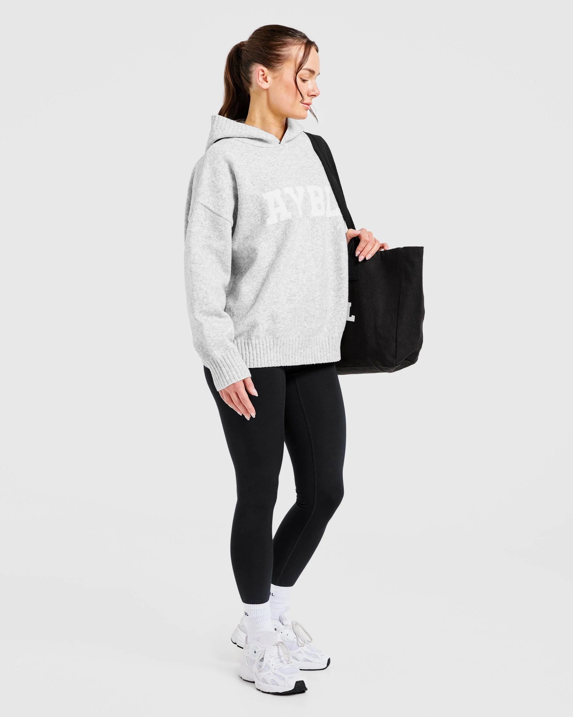 Varsity Oversized Knitted Hoodie - Grey Marl - Image 7