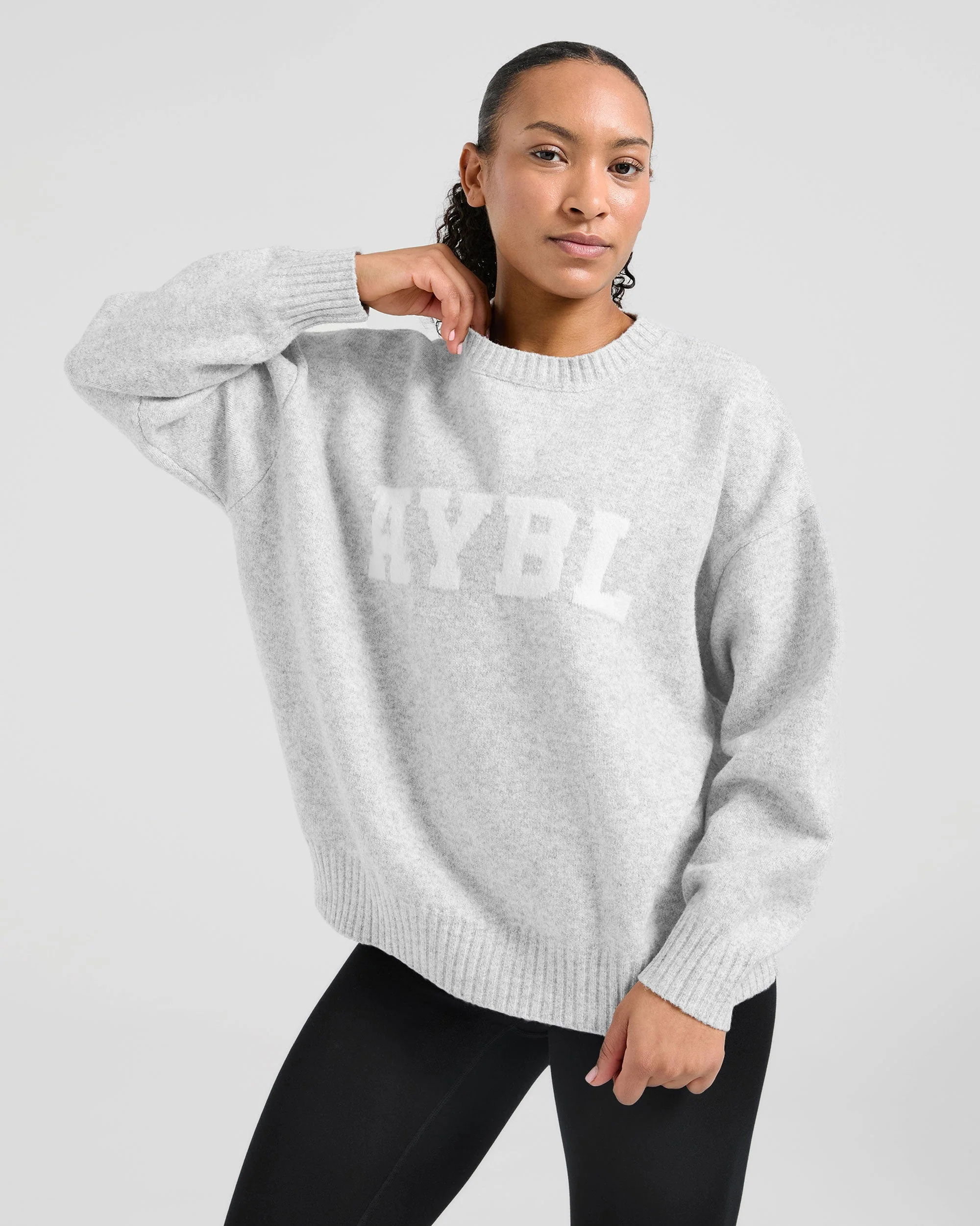 Varsity Oversized Knitted Sweater - Grey Marl - Image 7