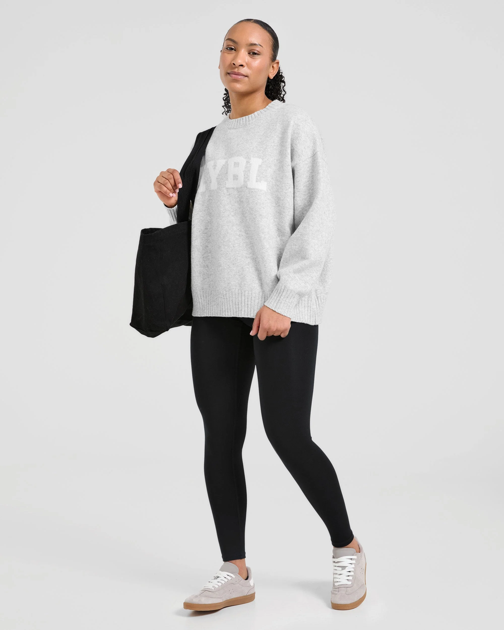 Varsity Oversized Knitted Sweater - Grey Marl - Image 8