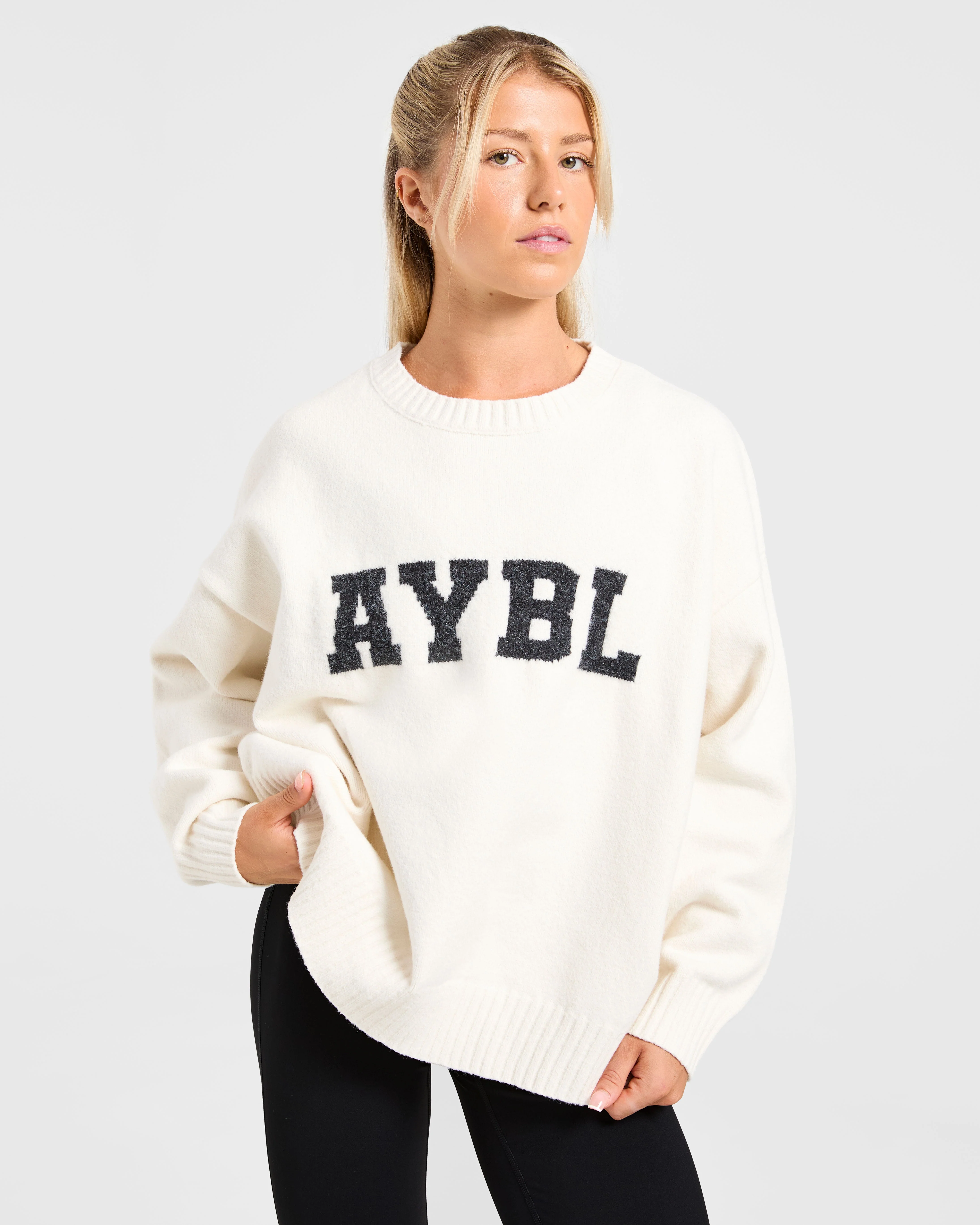 Varsity Oversized Knitted Sweater - Off Blanc - Image 8