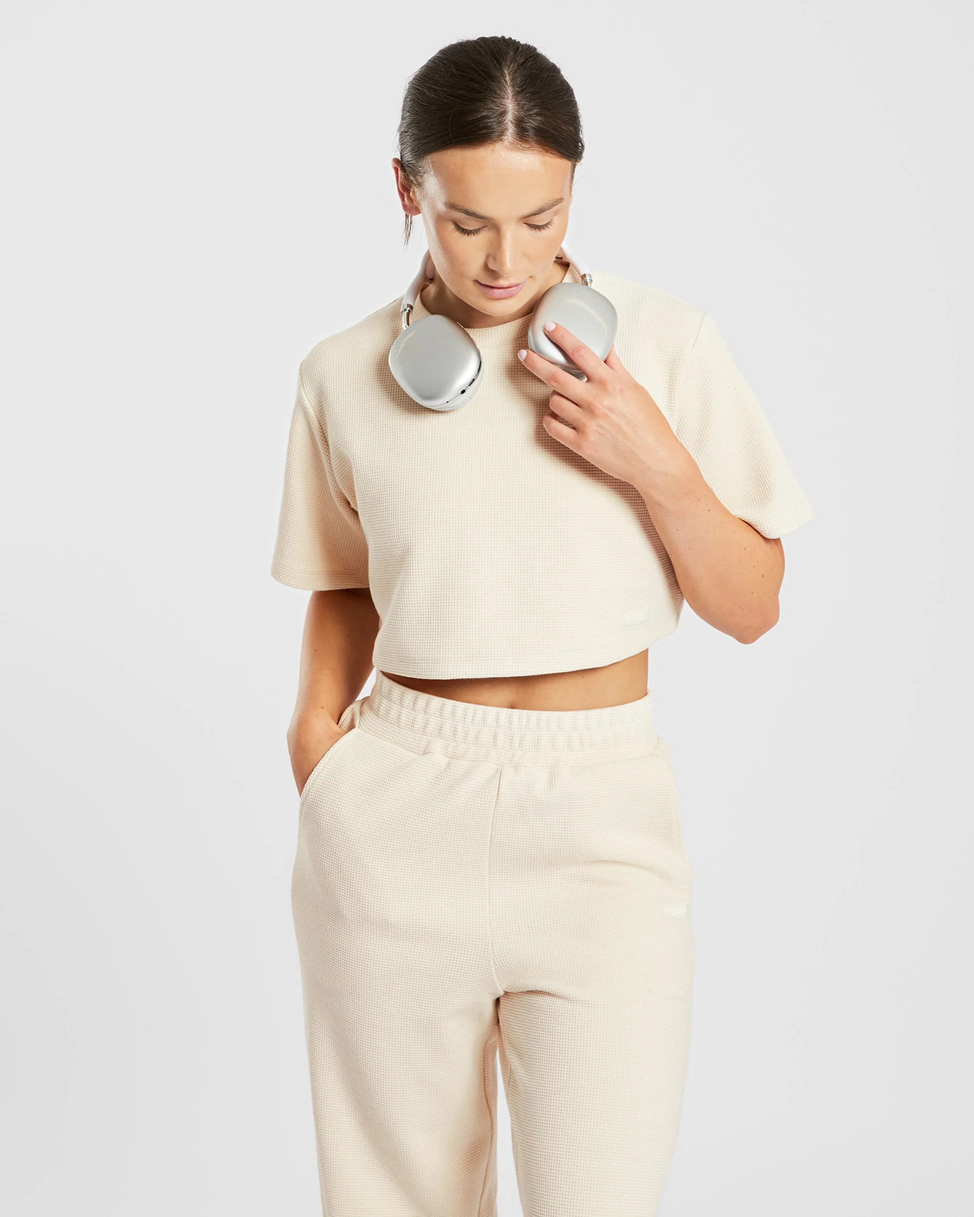 Waffle Boxy Crop Top - Beige - Image 6